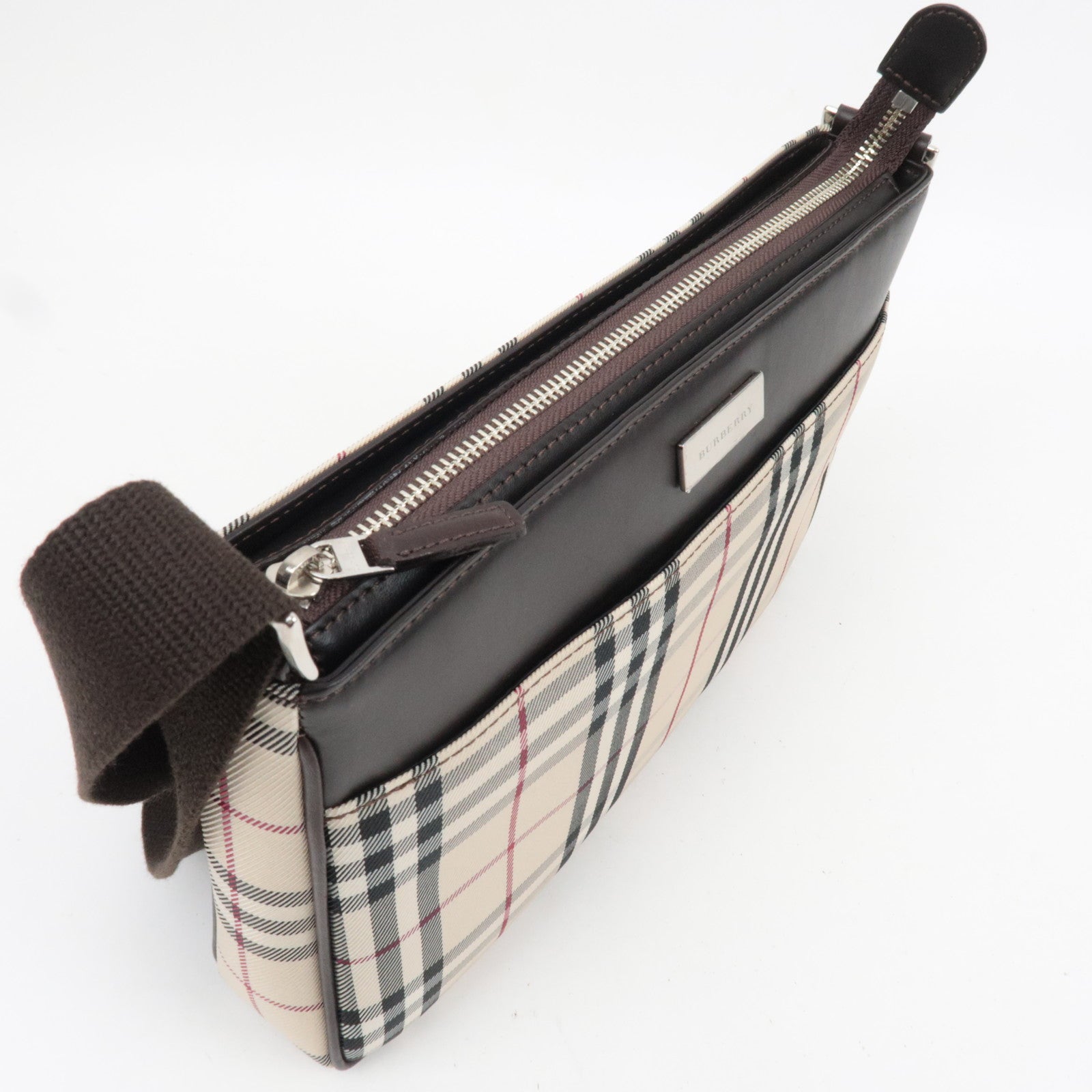 BURBERRY Nova Plaid Canvas Leather Shoulder Bag Beige Brown