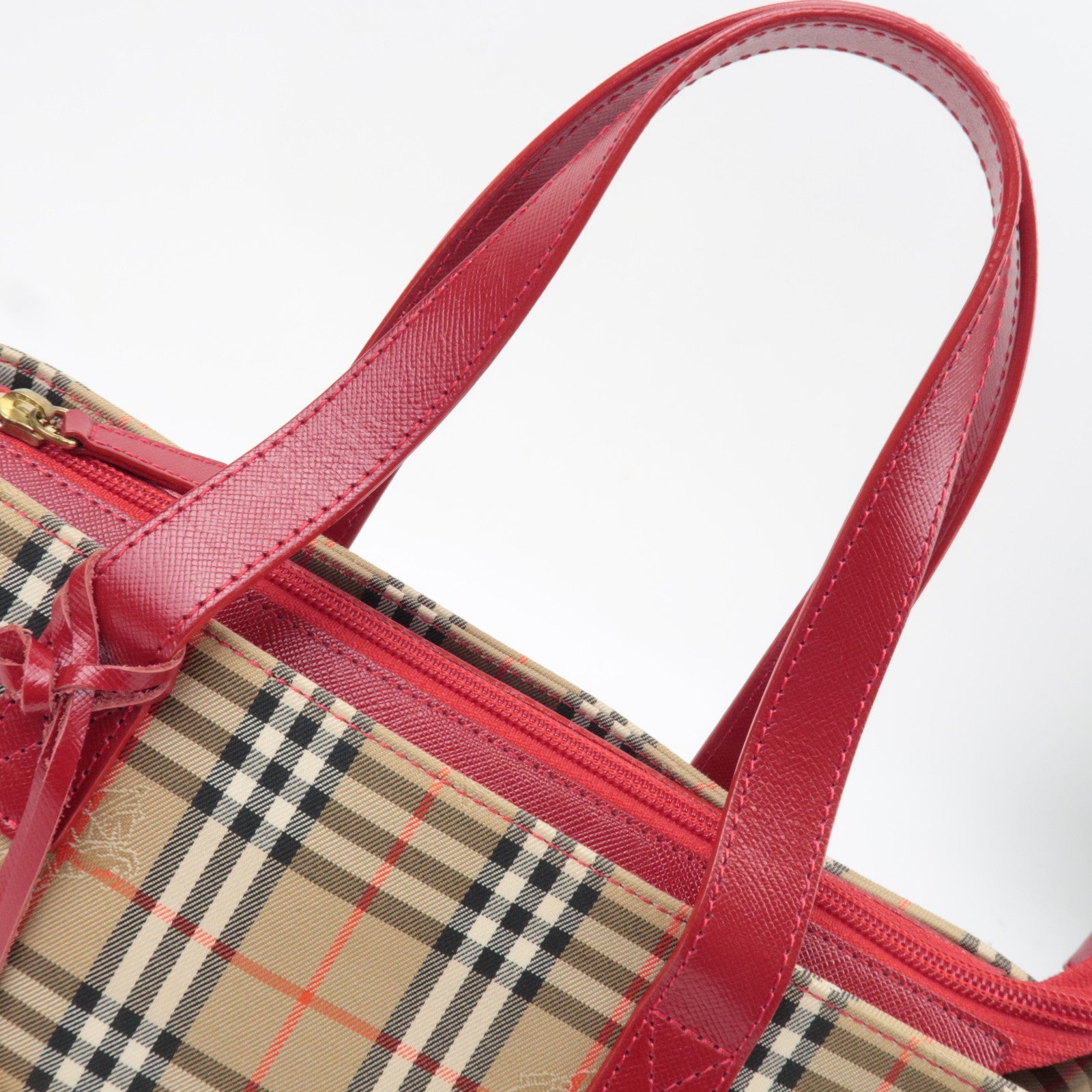 BURBERRY Nova Plaid Canvas Leather Handbag Beige Red