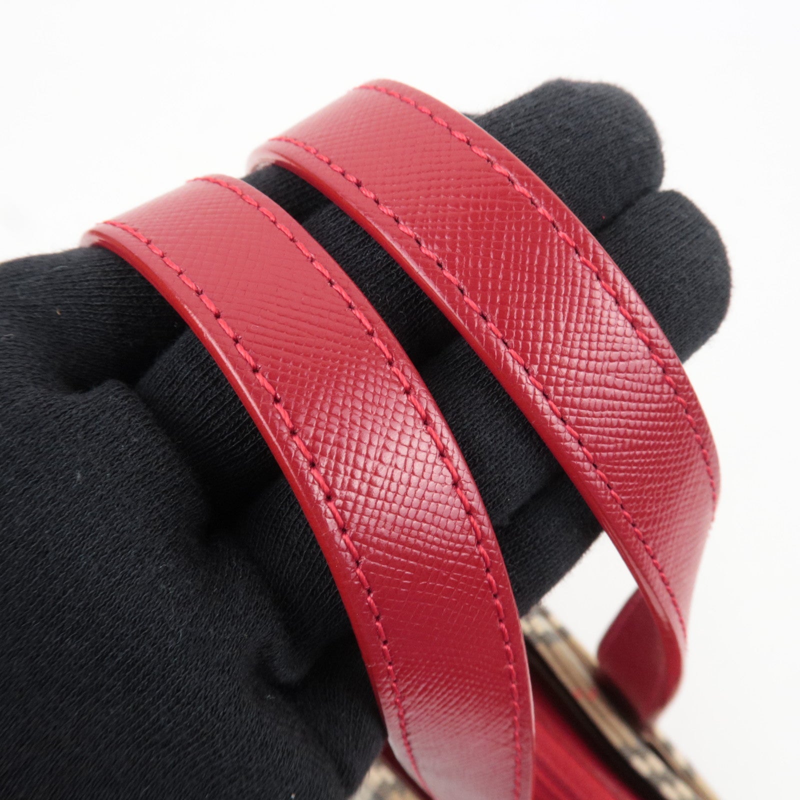 BURBERRY Nova Plaid Canvas Leather Handbag Beige Red