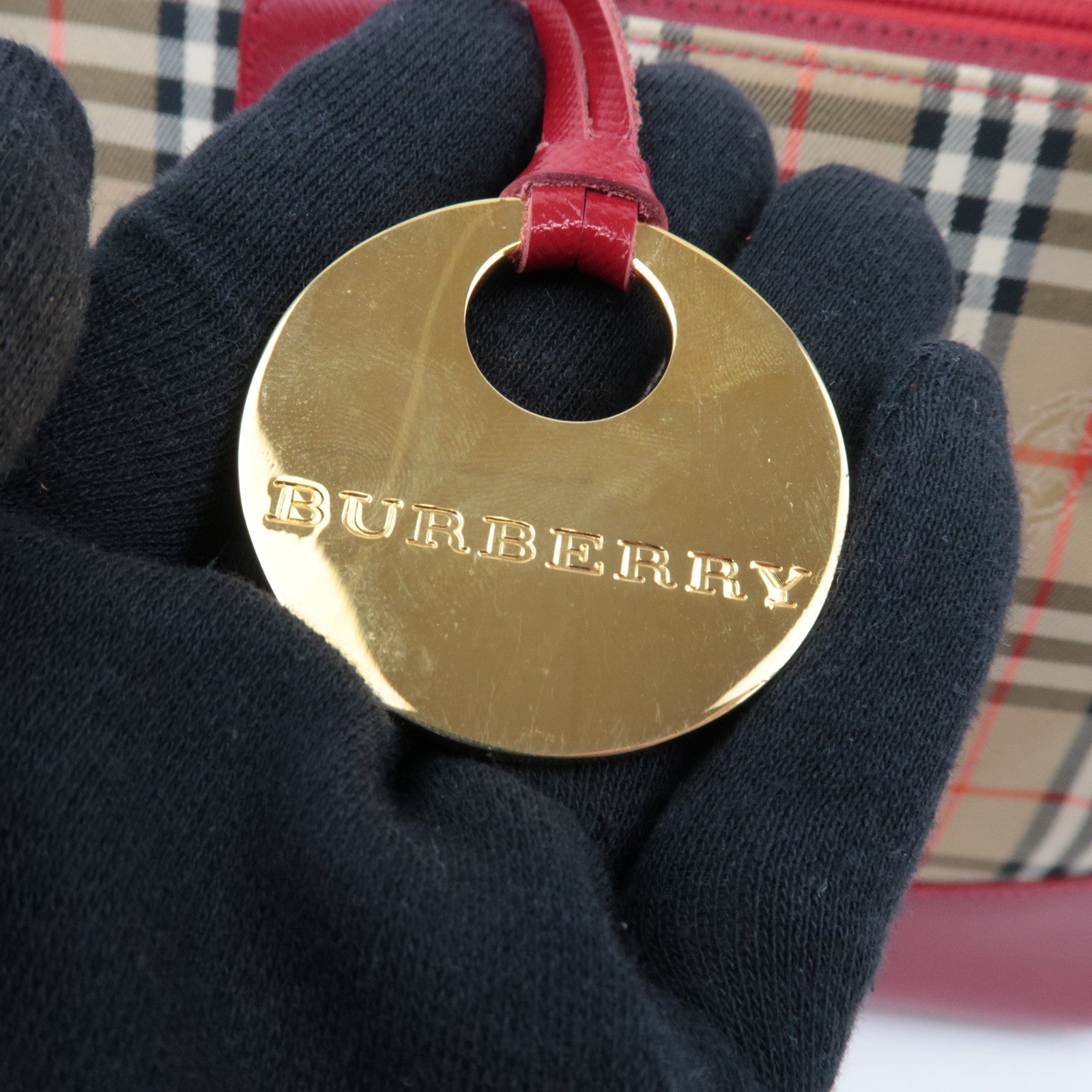 BURBERRY Nova Plaid Canvas Leather Handbag Beige Red