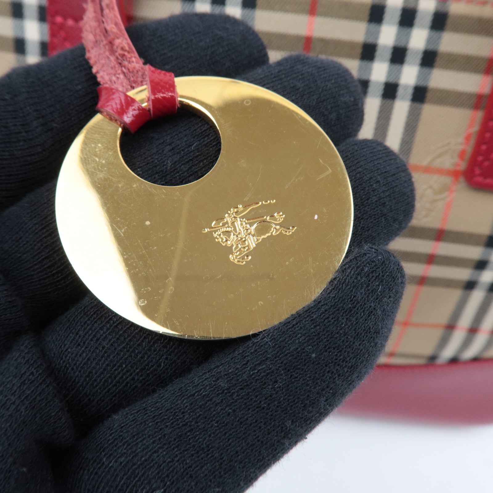 BURBERRY Nova Plaid Canvas Leather Handbag Beige Red