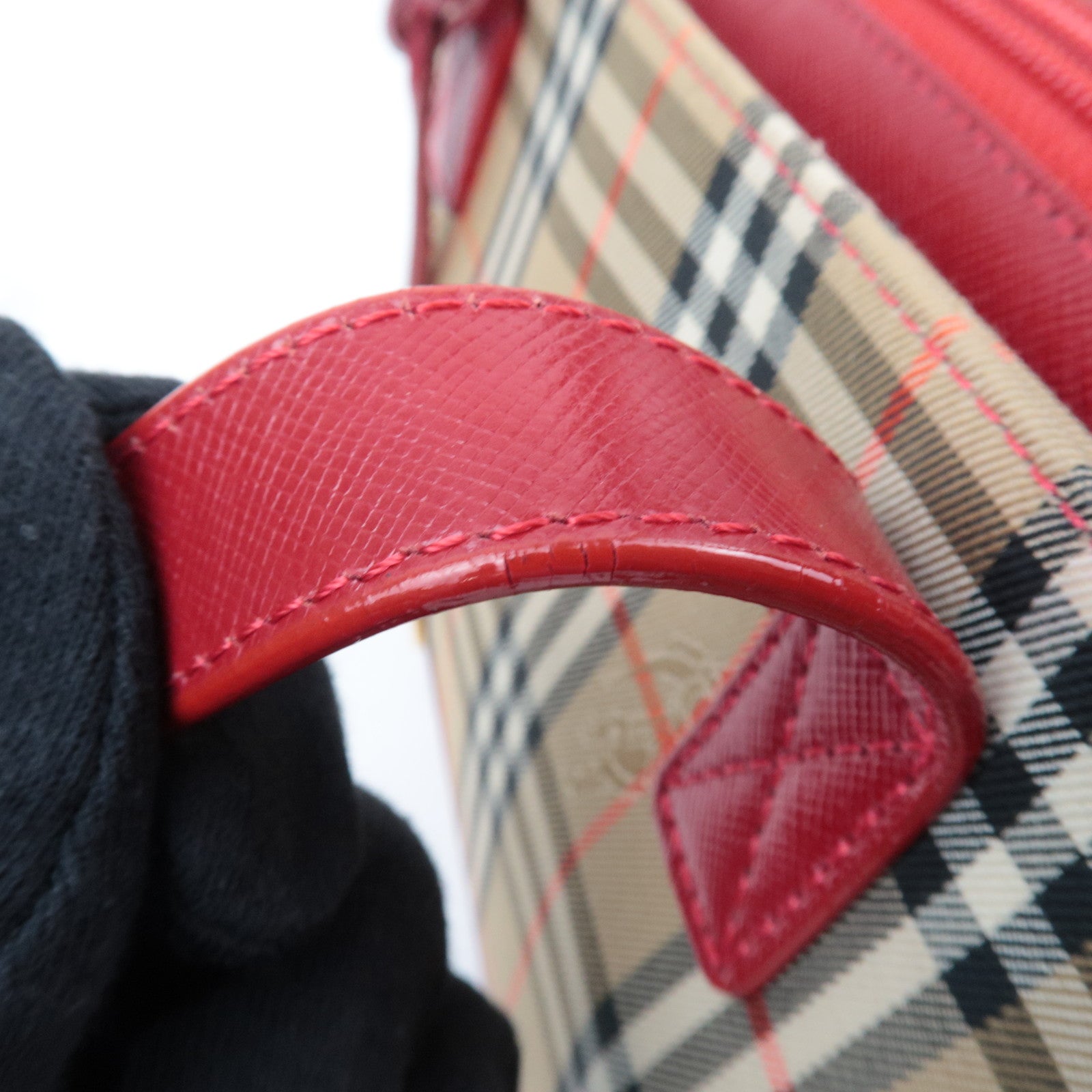 BURBERRY Nova Plaid Canvas Leather Handbag Beige Red