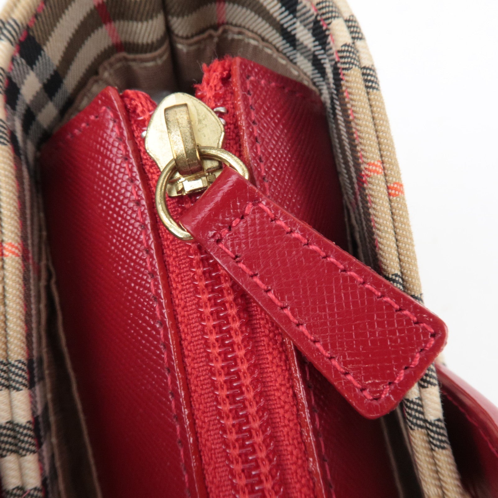 BURBERRY Nova Plaid Canvas Leather Handbag Beige Red