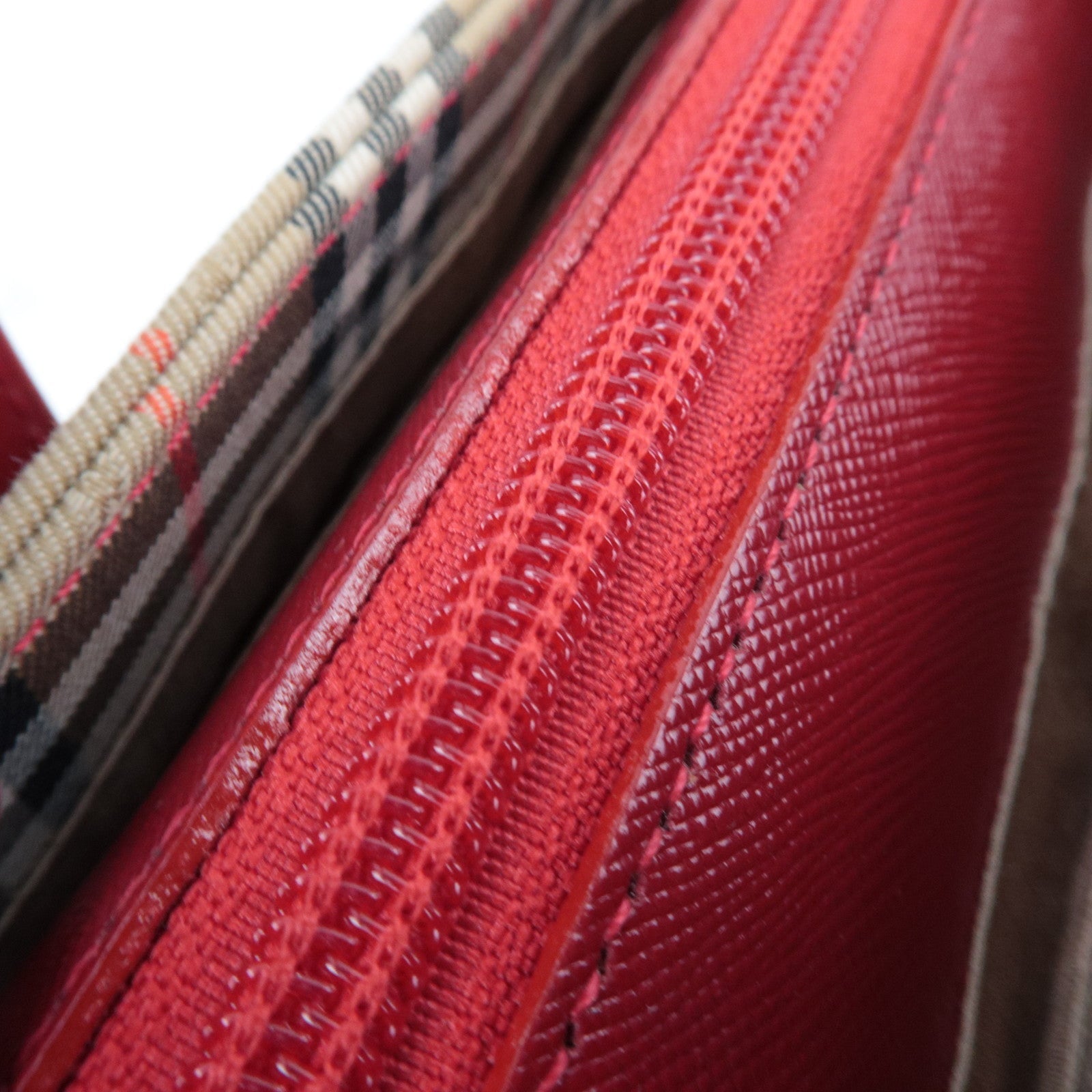 BURBERRY Nova Plaid Canvas Leather Handbag Beige Red