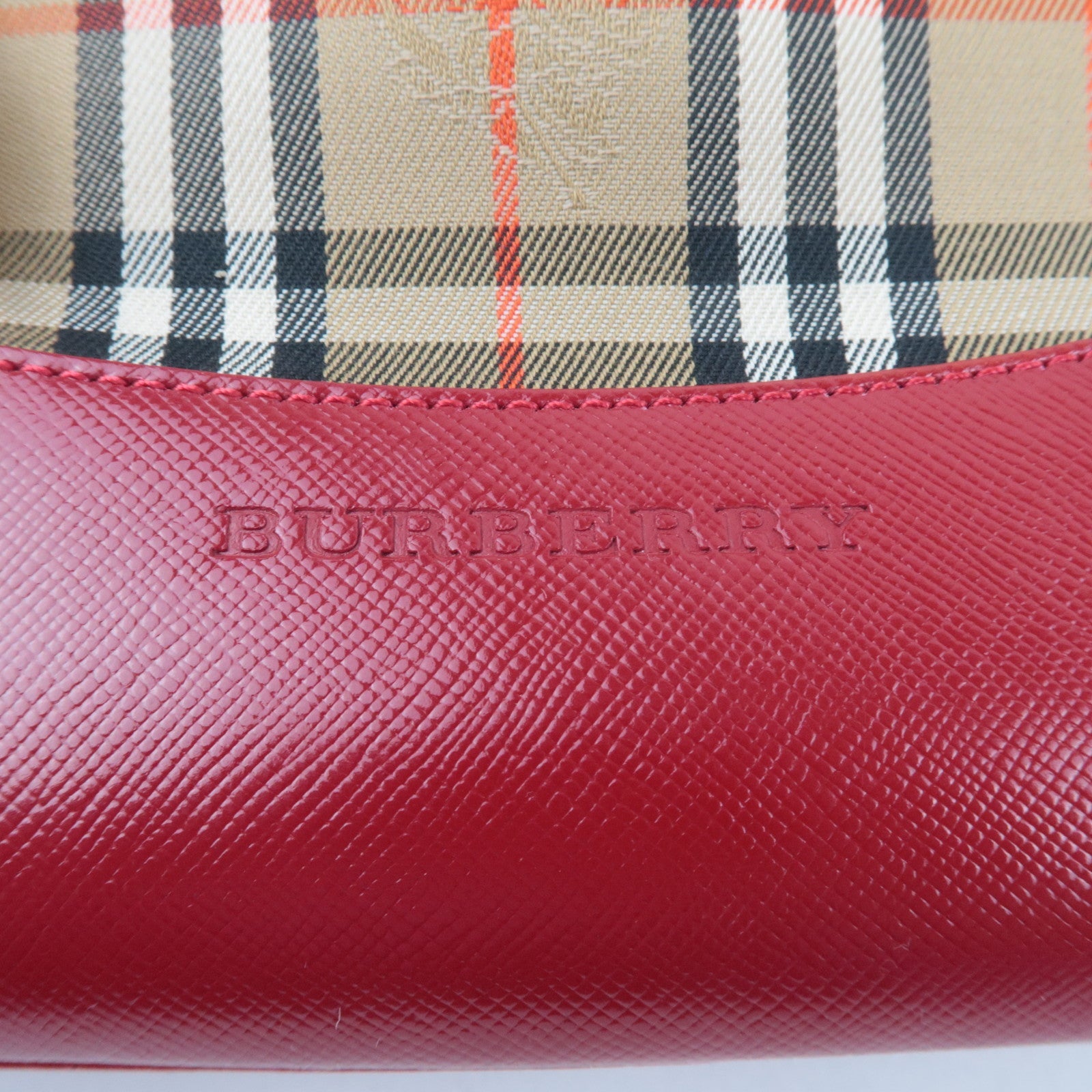 BURBERRY Nova Plaid Canvas Leather Handbag Beige Red