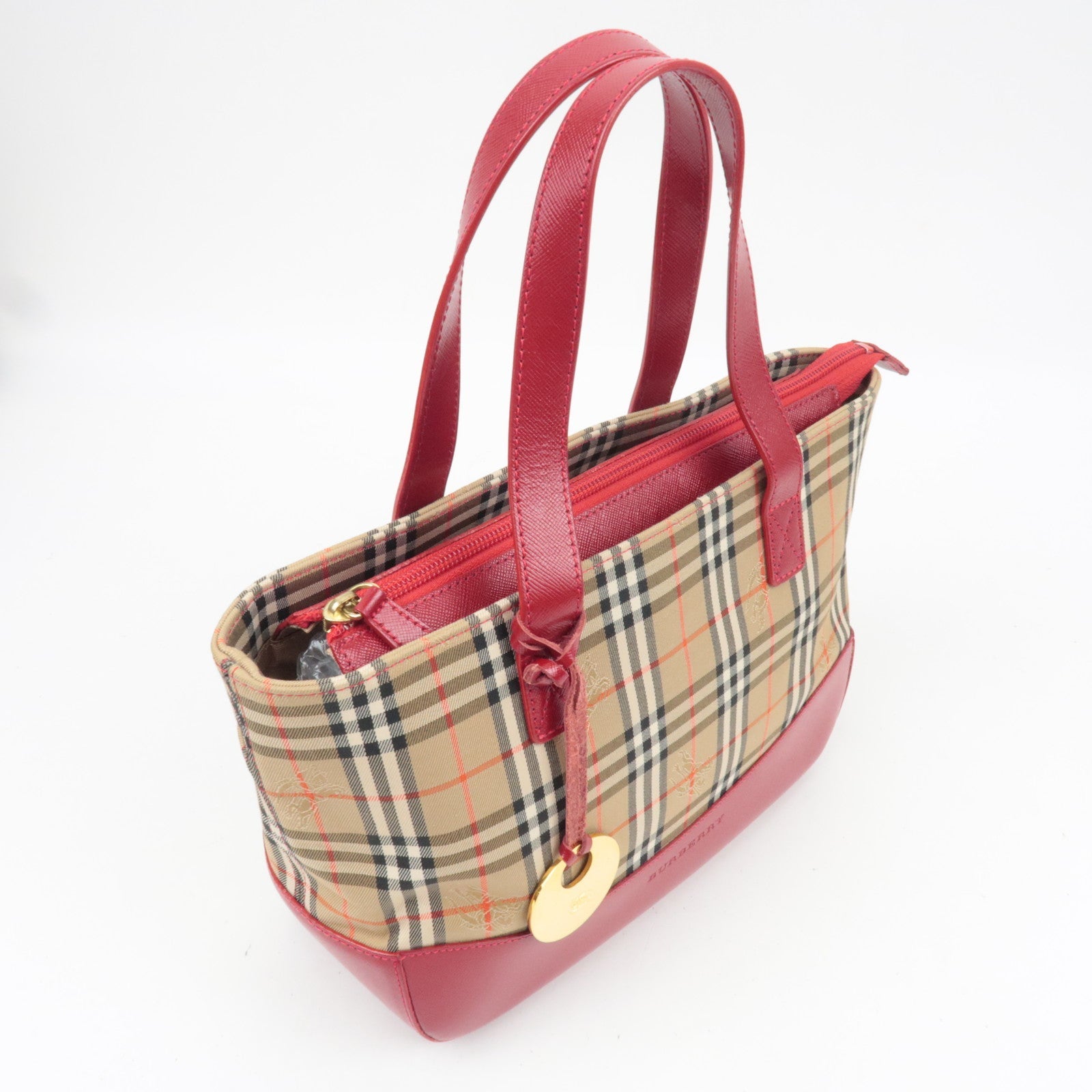 BURBERRY Nova Plaid Canvas Leather Handbag Beige Red