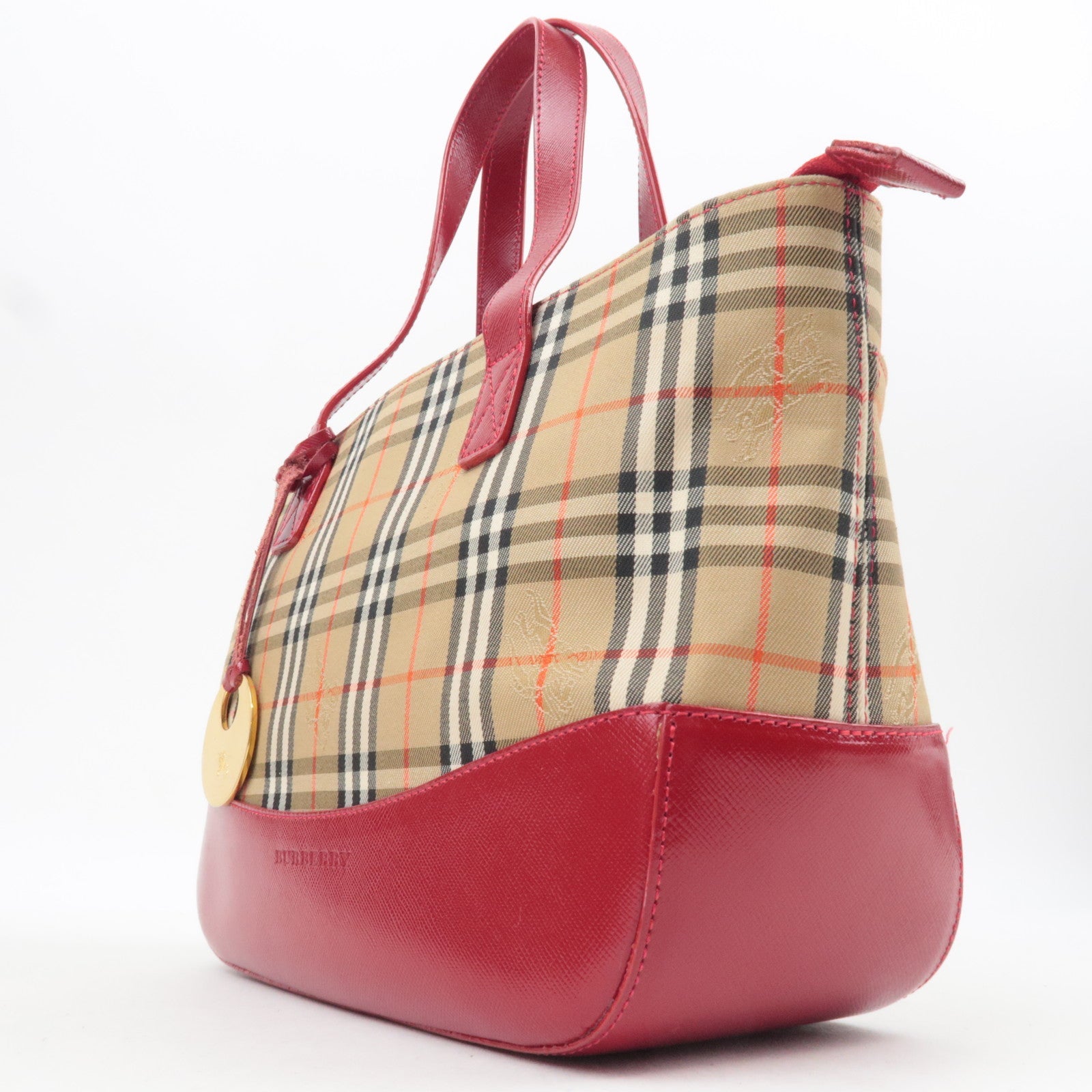 BURBERRY Nova Plaid Canvas Leather Handbag Beige Red