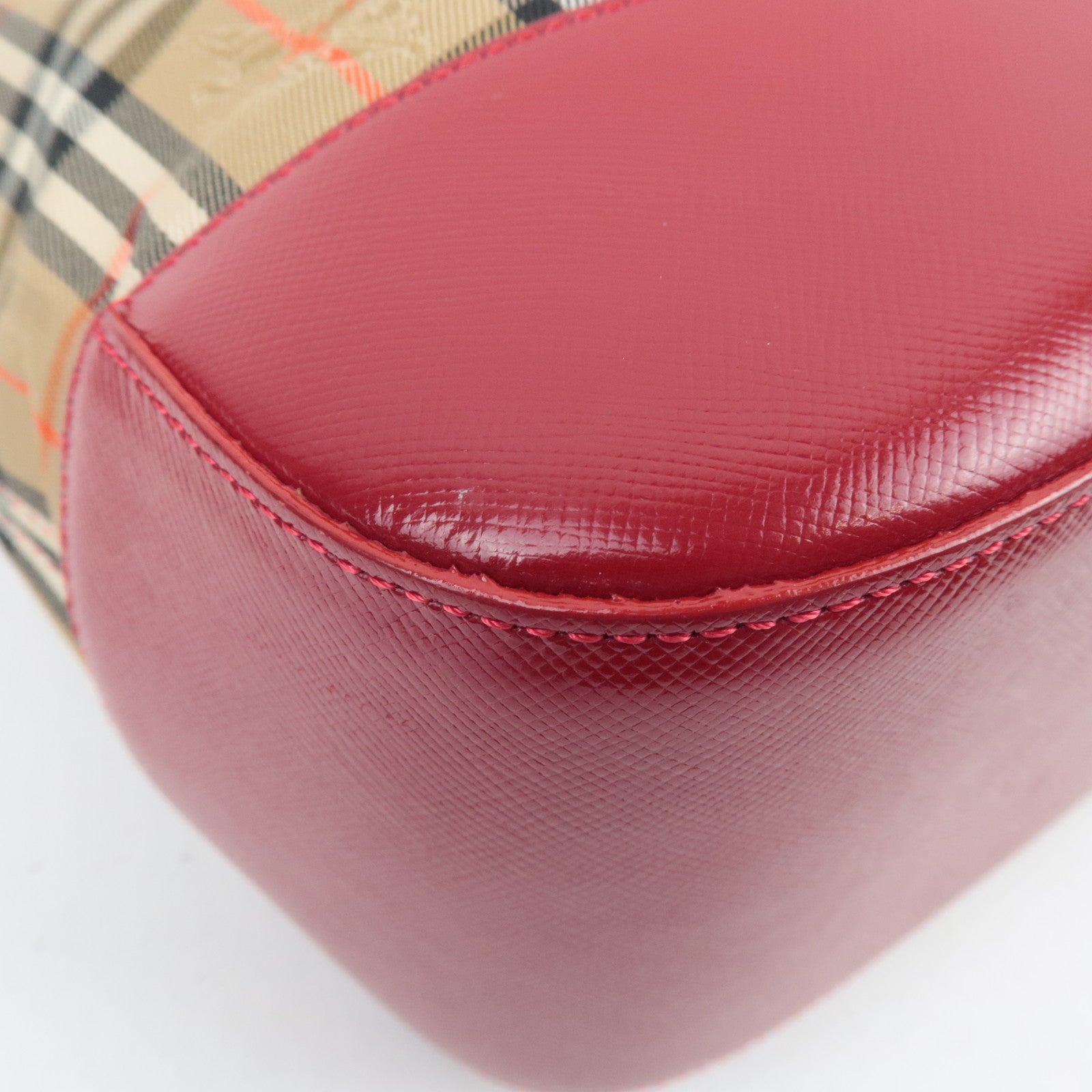 BURBERRY Nova Plaid Canvas Leather Handbag Beige Red