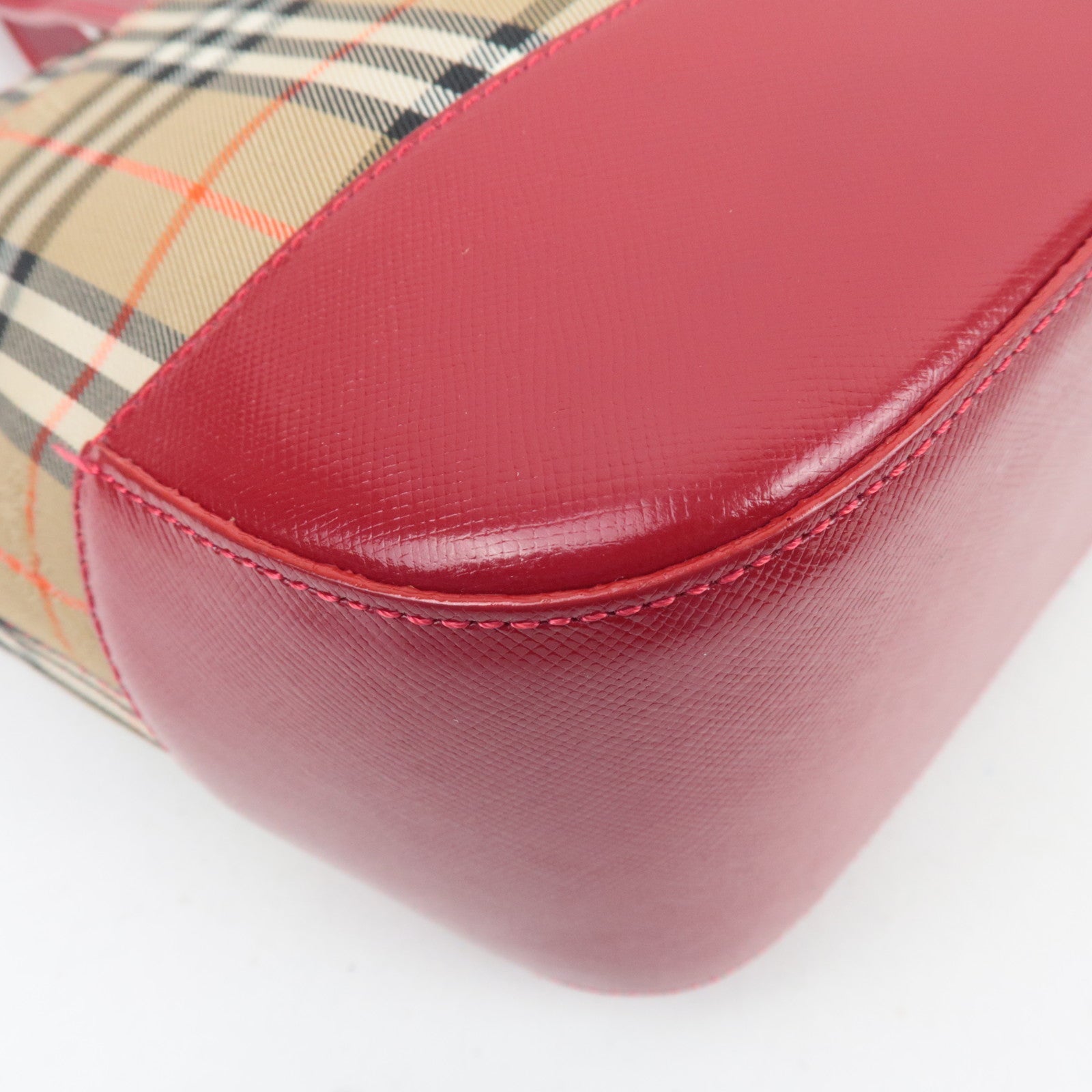 BURBERRY Nova Plaid Canvas Leather Handbag Beige Red