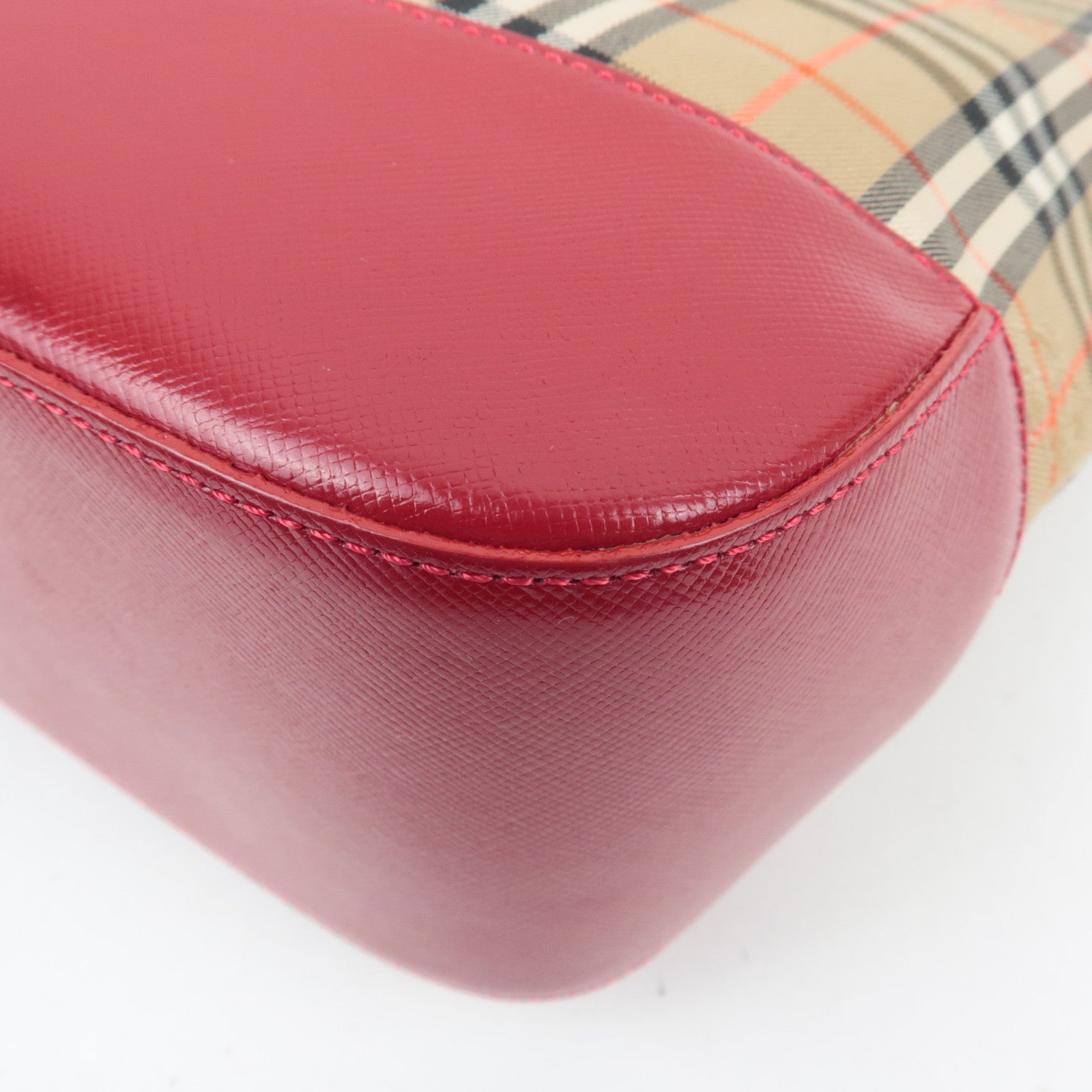 BURBERRY Nova Plaid Canvas Leather Handbag Beige Red