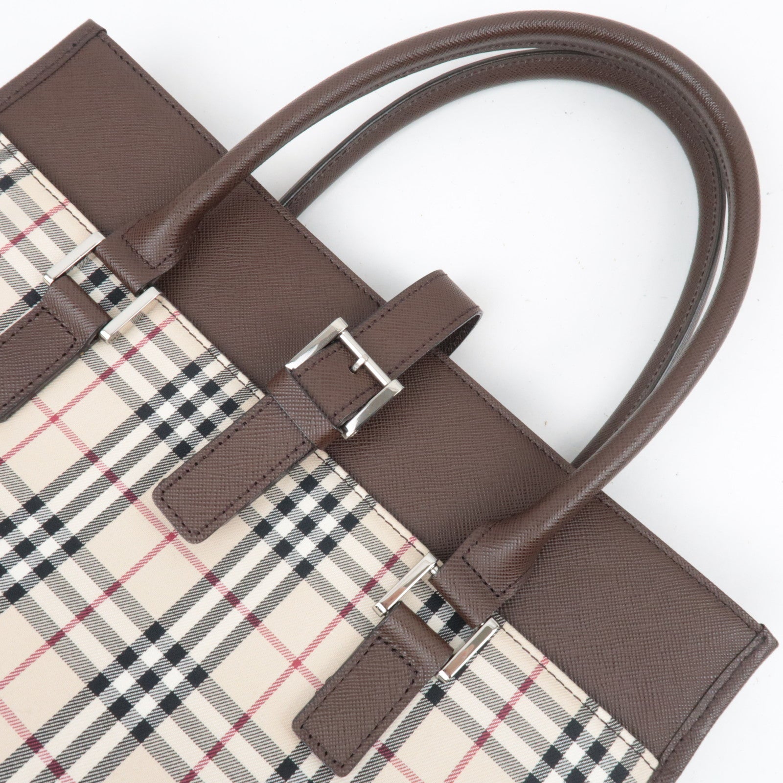 BURBERRY Nova Plaid Canvas Leather Totebag Beige Brown