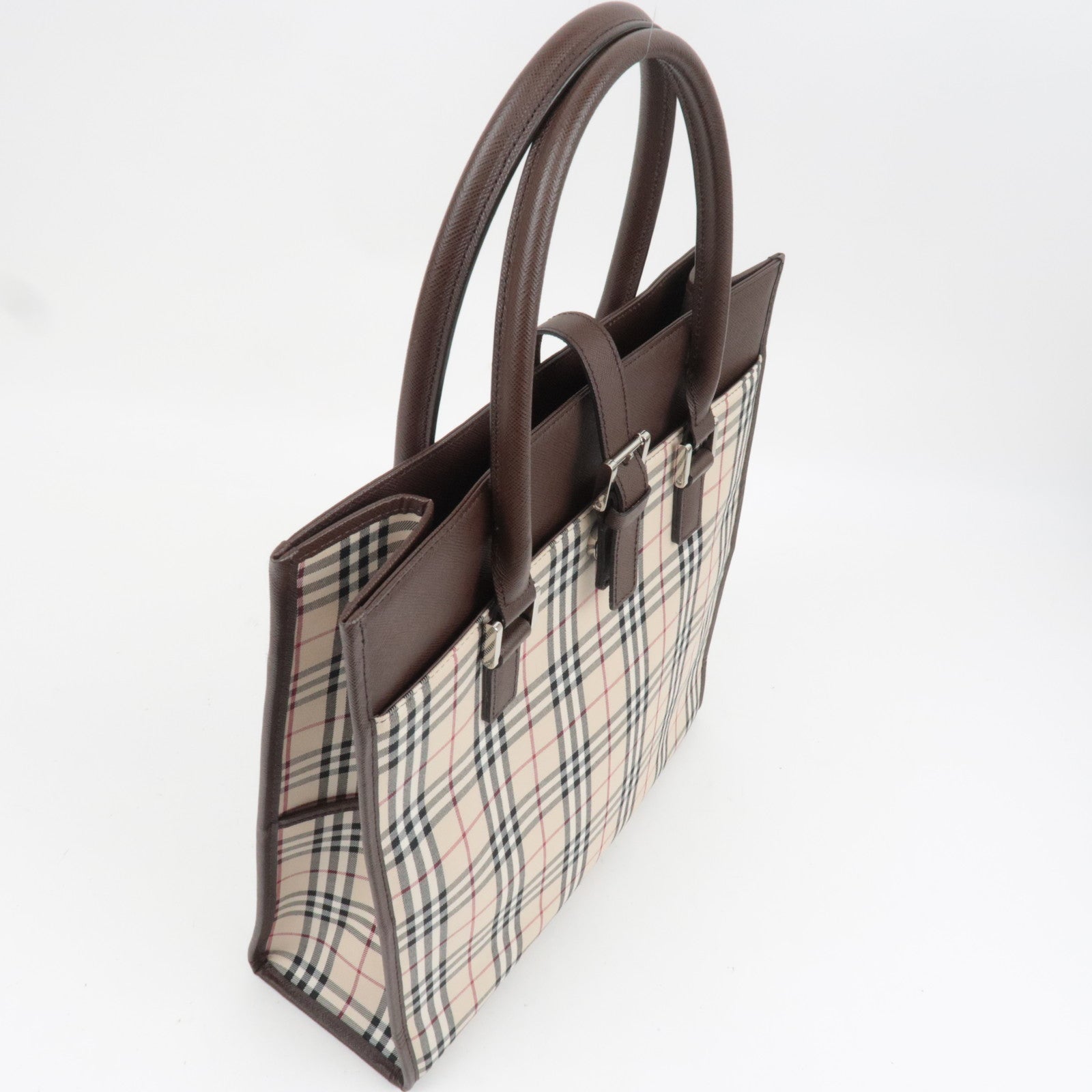 BURBERRY Nova Plaid Canvas Leather Totebag Beige Brown