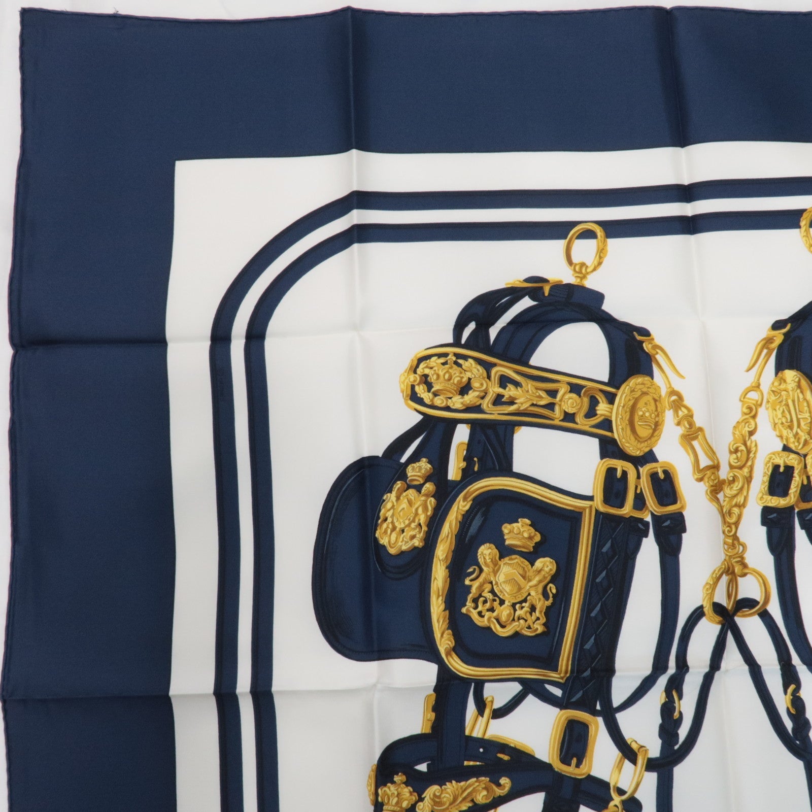HERMES Carre 90 100% Silk Scarf BRIDES de GALA White Navy