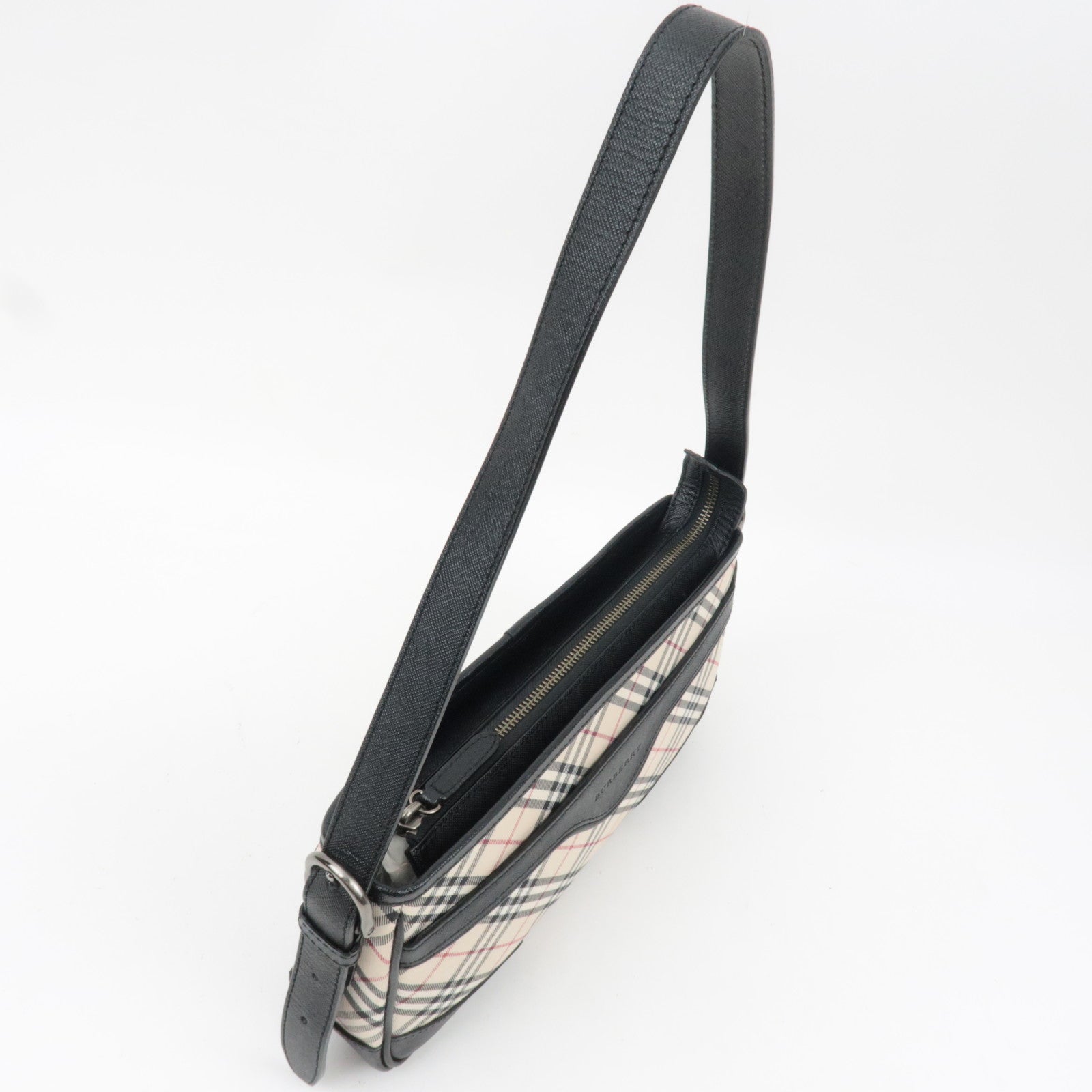 BURBERRY Nova Plaid Canvas Leather Shoulder Bag Beige Black