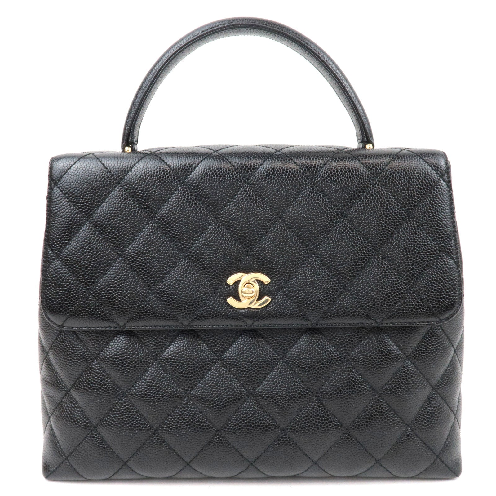 CHANEL Caviarskin Kelly Style Top Handle Bag Black Gold HDW A12397 687556985934