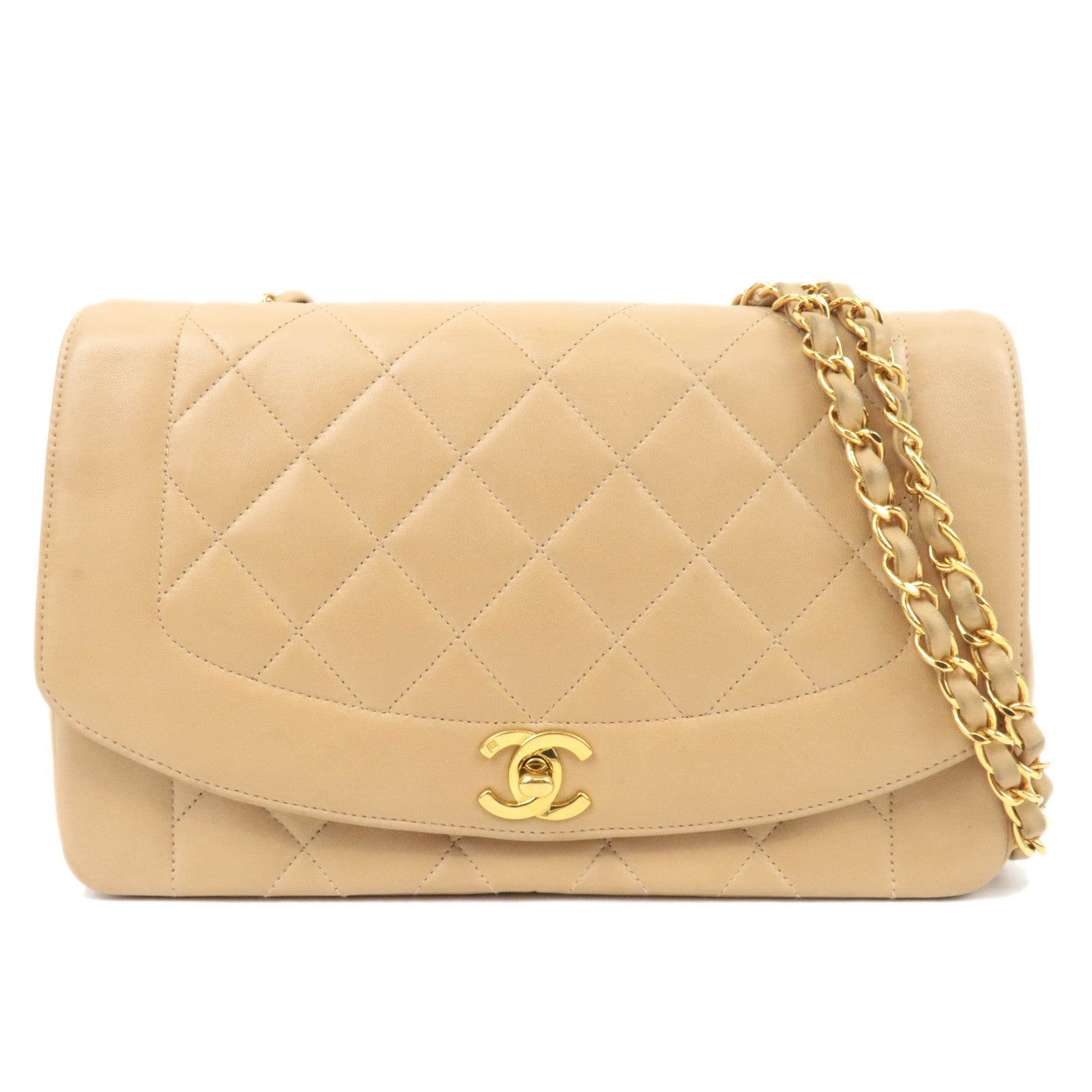 CHANEL Diana Matelasse 25 Lambskin Chain Shoulder Bag Beige Gold HDW86013
