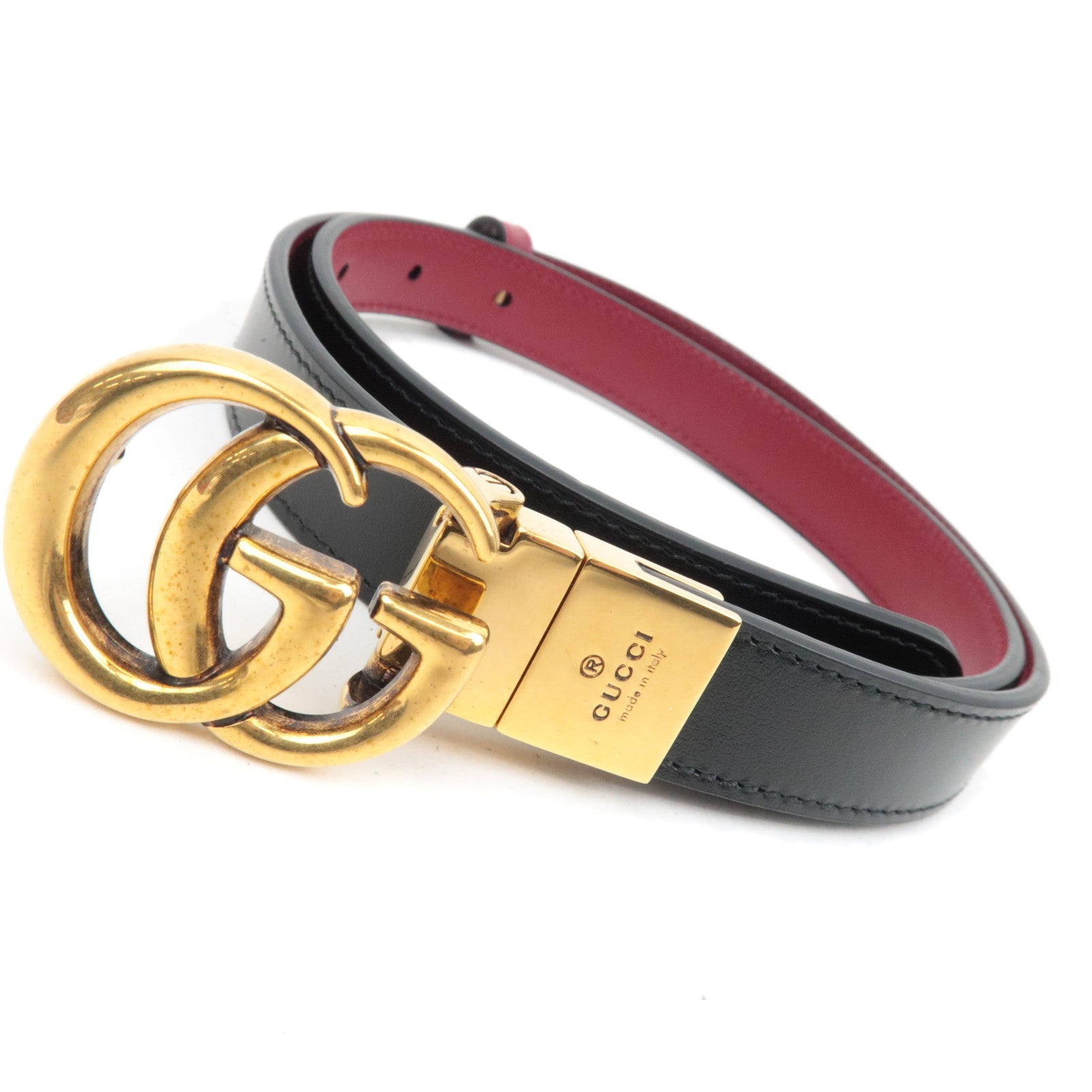 GUCCI GG Marmont Leather Reversible Slim Belt 80/32 Black Red Gold HDW 65941886032