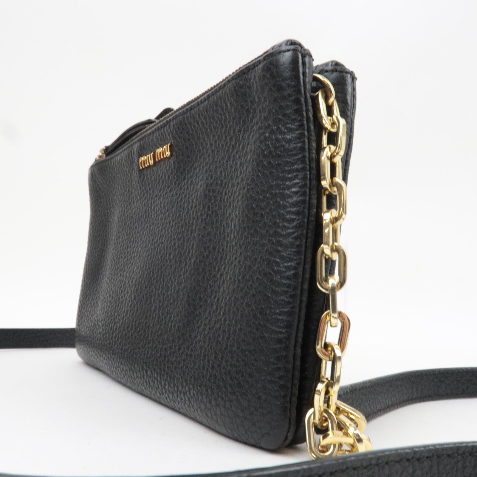 MIU MIU Leather Chain Shoulder Bag Black Gold HDW