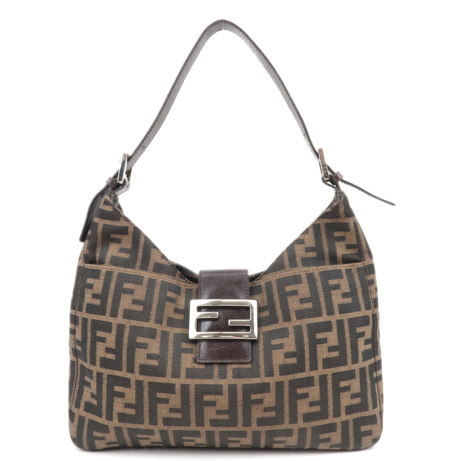 FENDI Zucca Canvas Leather Shoulder Bag Khaki Black Brown 2656986046