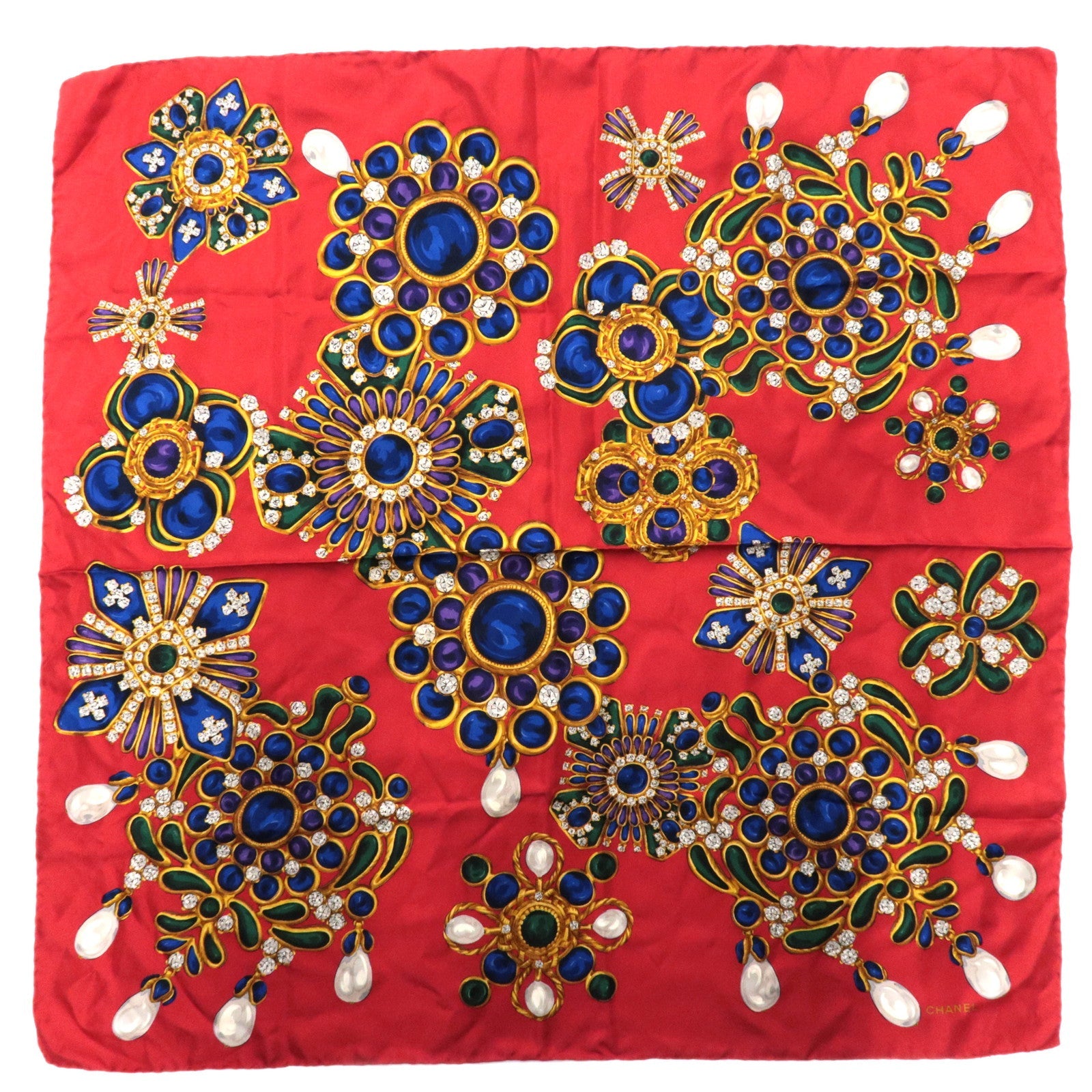 CHANEL 100% Silk Scarf Jewelry Print Red Multicolor86049