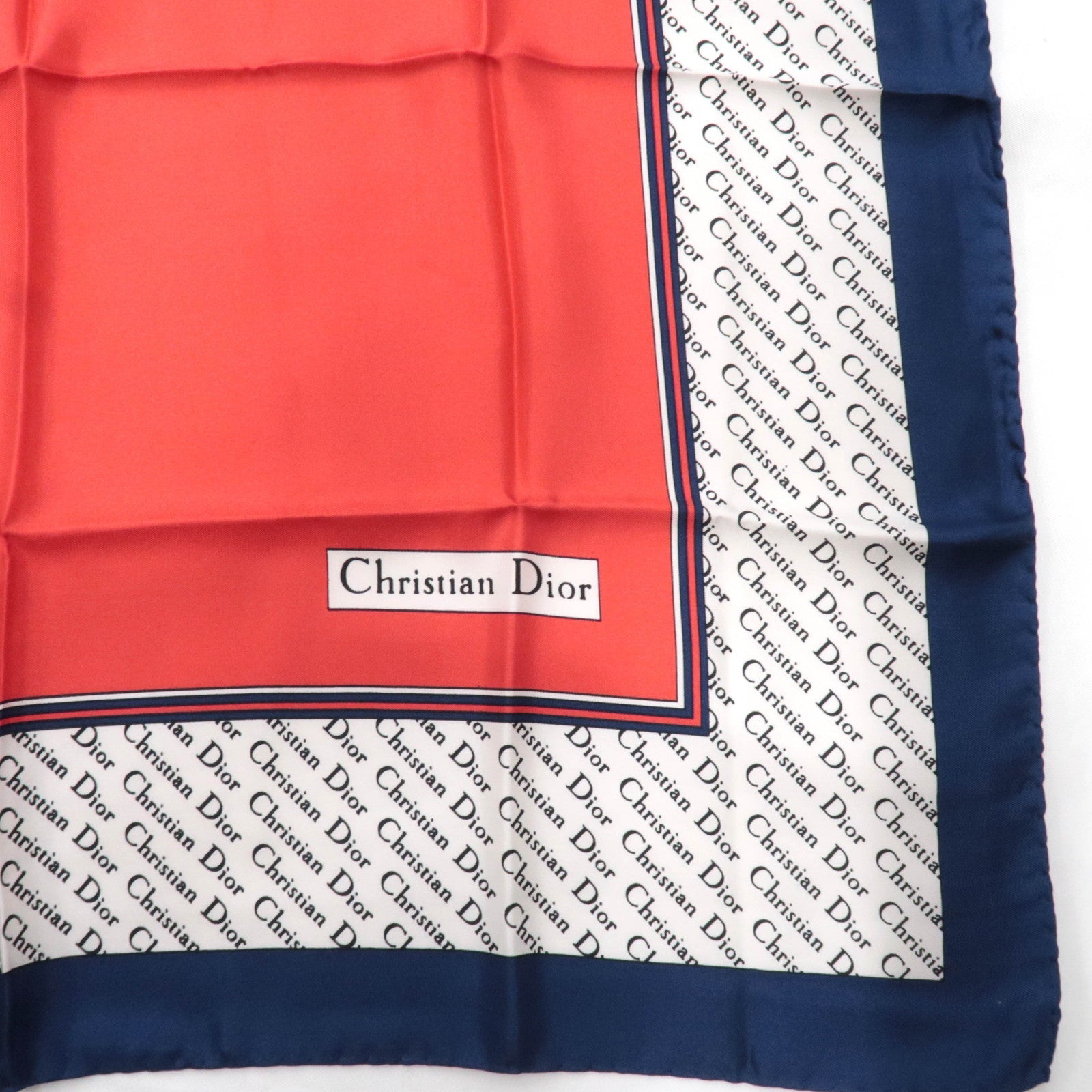 Christian Dior 100% Silk Logo Scarf Red White Navy