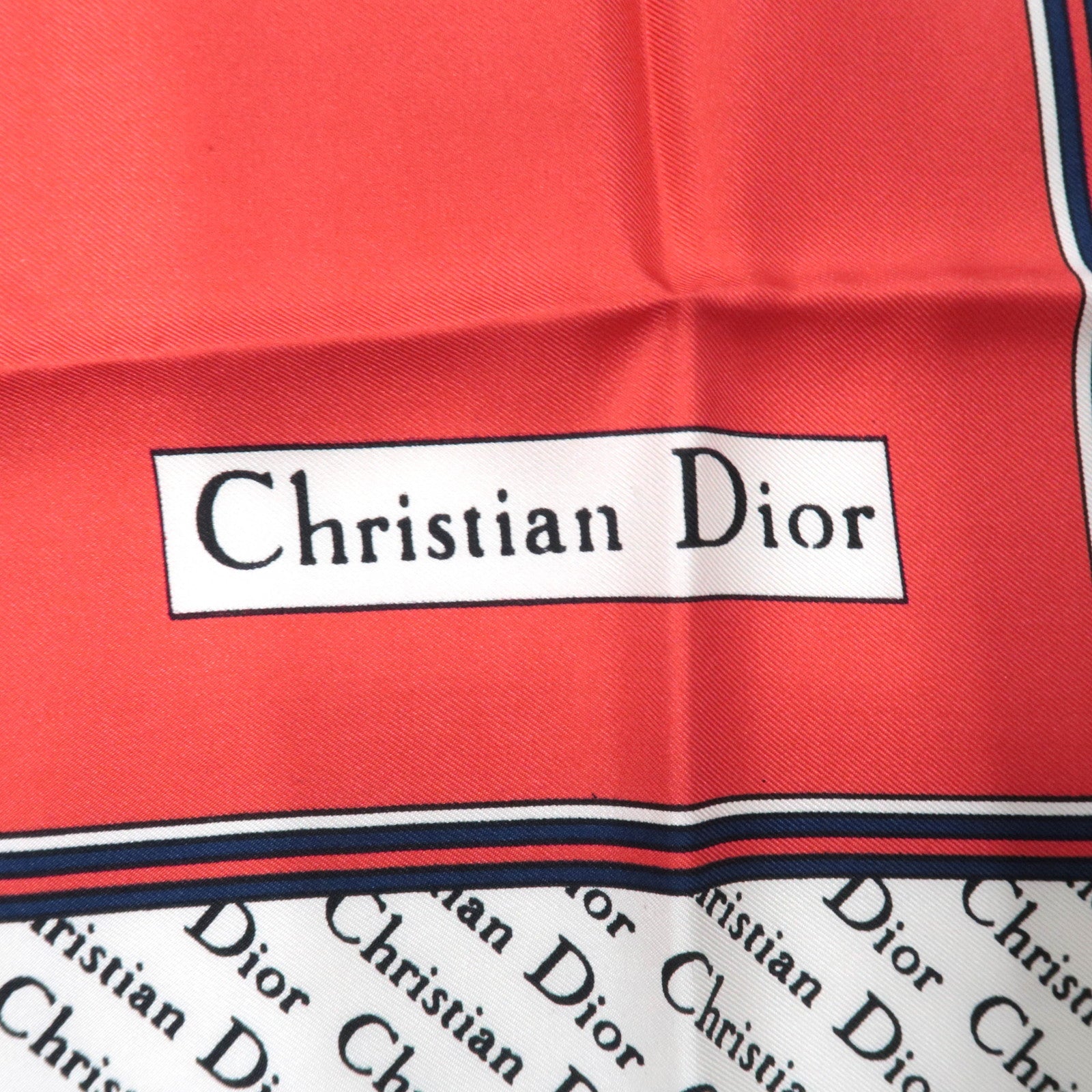 Christian Dior 100% Silk Logo Scarf Red White Navy