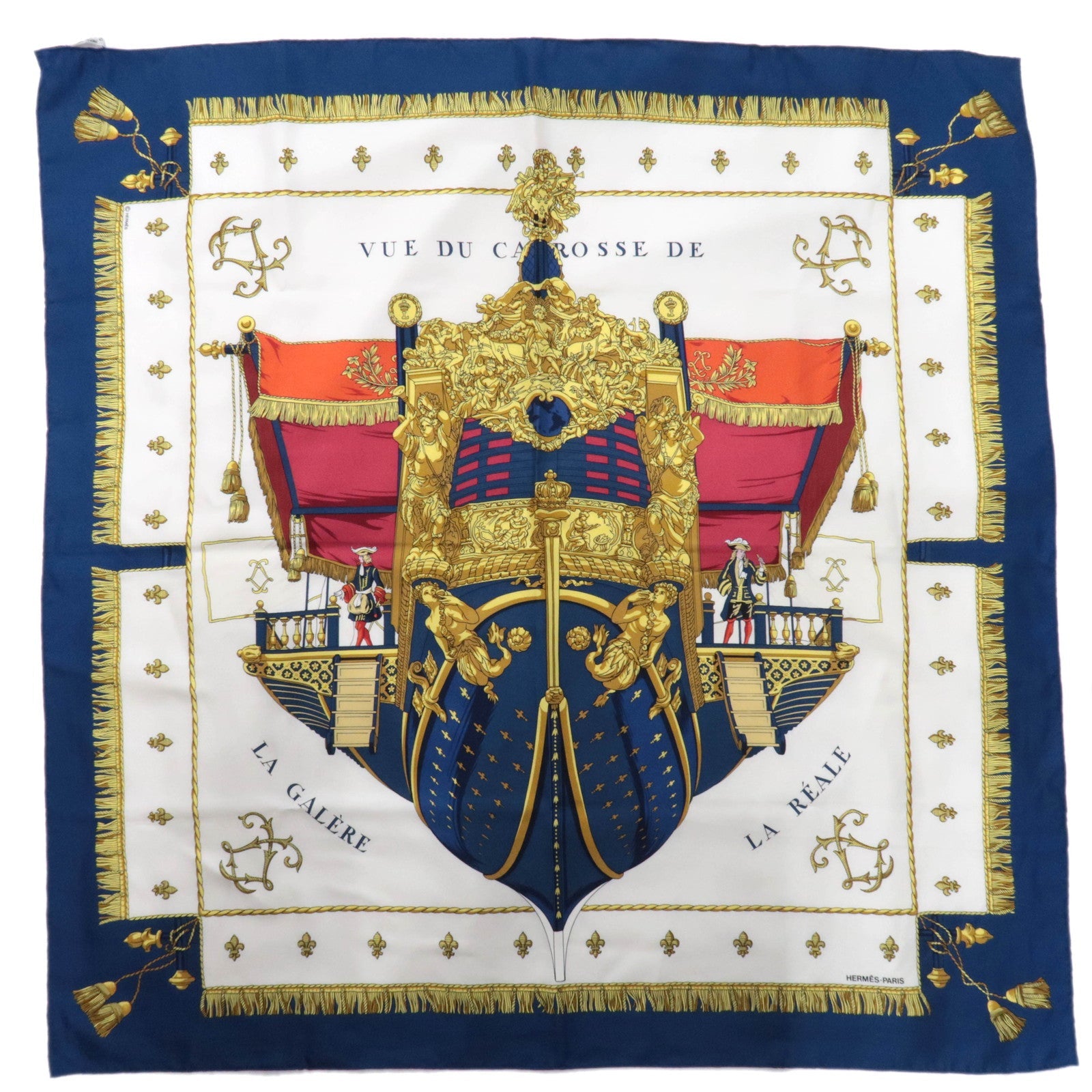 HERMES Carre 90 100% Silk Scarf VUE DU DE CARROSSE LA GALERE LA REALE White Navy86053