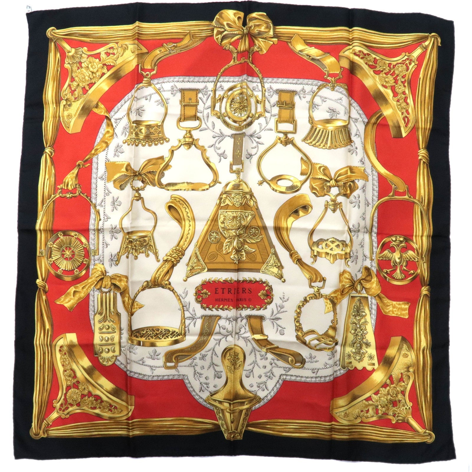 HERMES Carre 90 100% Silk Scarf ETRIERS Ivory Black Red86054