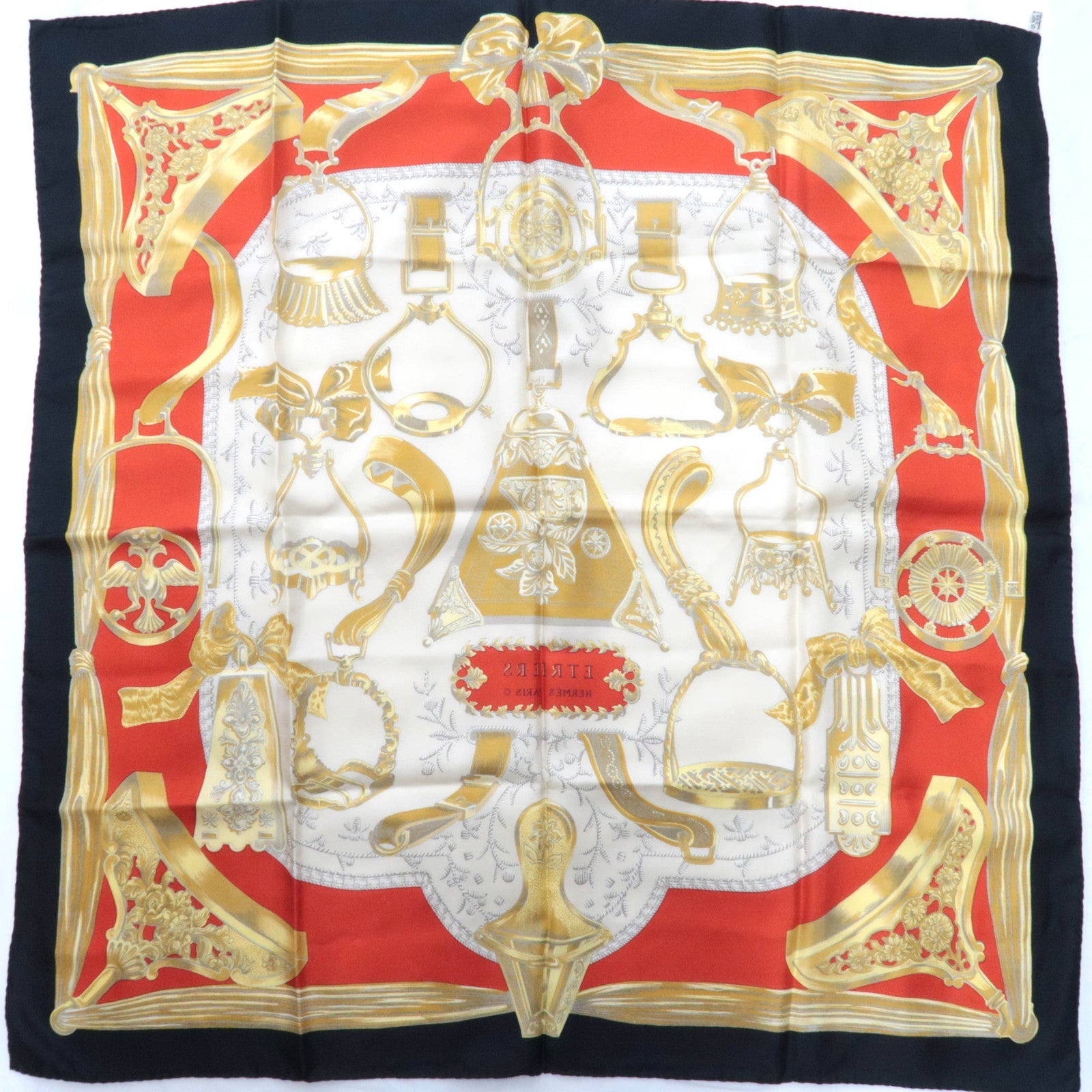 HERMES Carre 90 100% Silk Scarf ETRIERS Ivory Black Red