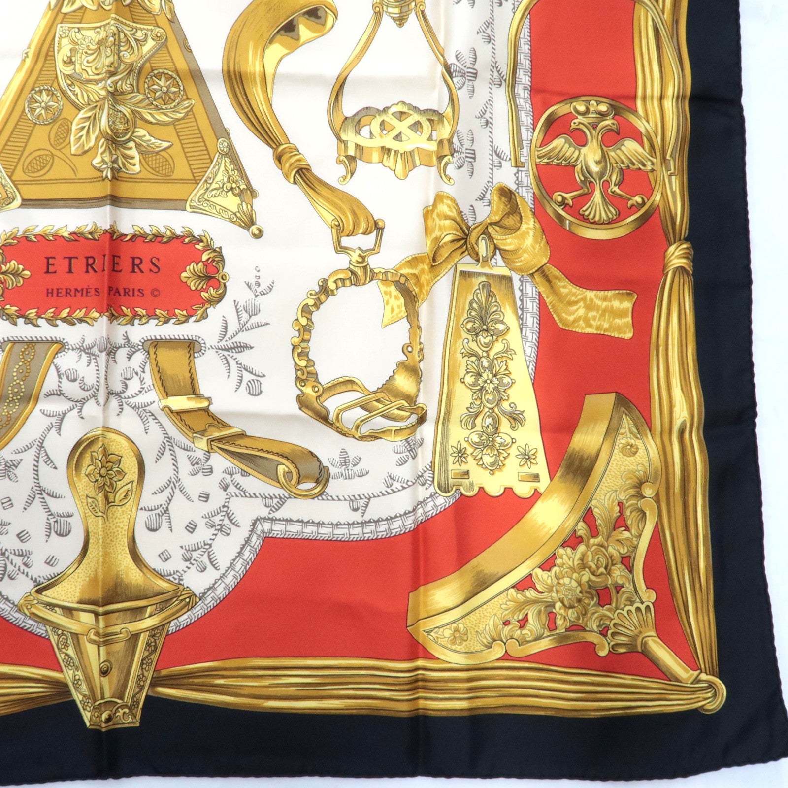 HERMES Carre 90 100% Silk Scarf ETRIERS Ivory Black Red