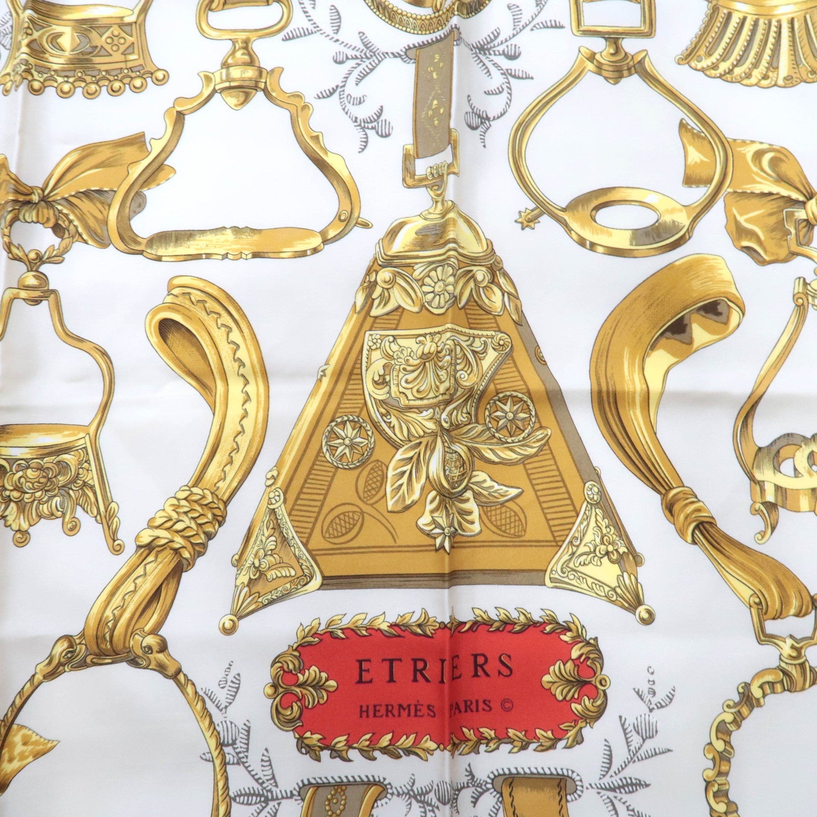 HERMES Carre 90 100% Silk Scarf ETRIERS Ivory Black Red