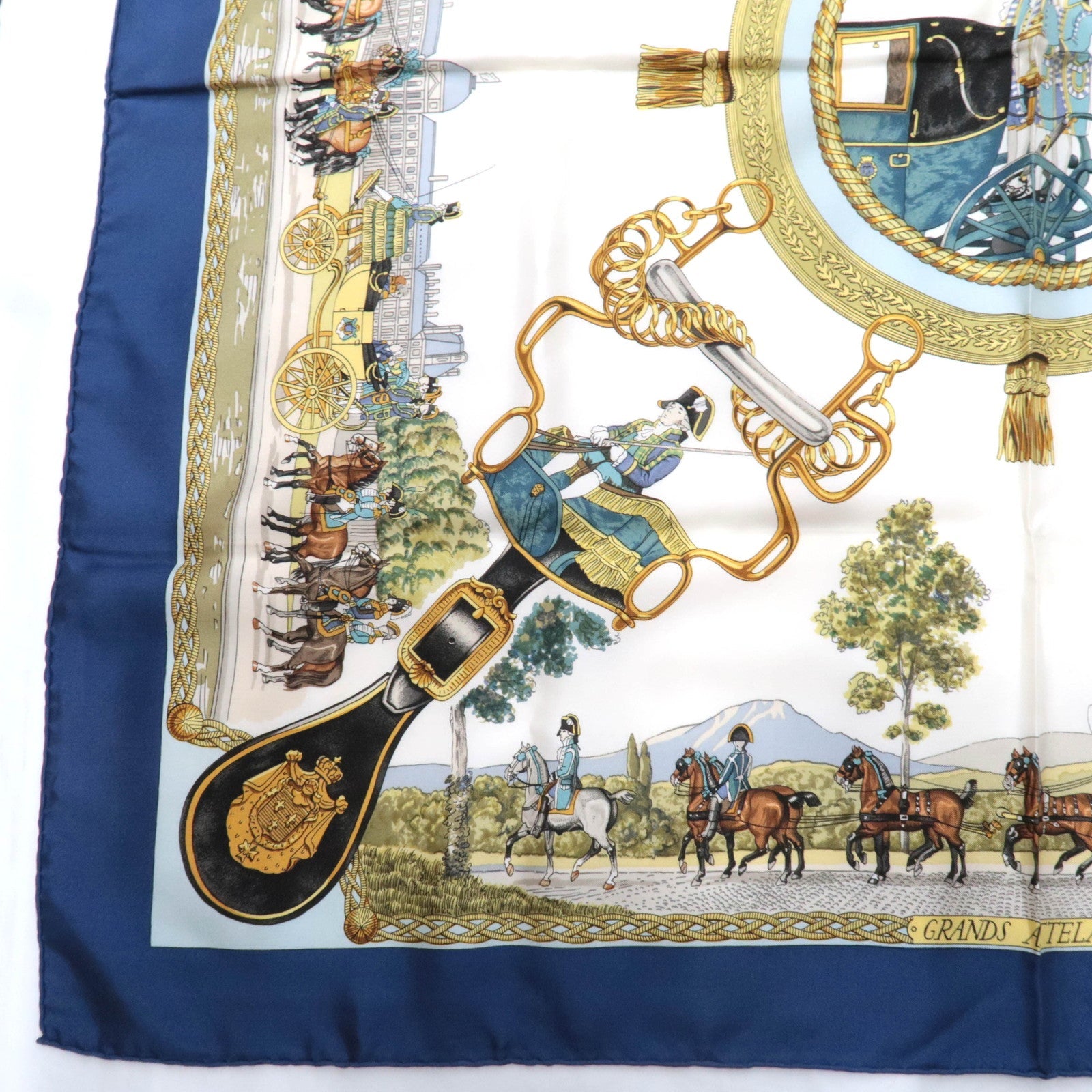 HERMES Carre 90 100% Silk Scarf GRANDS ATTELAGES Navy