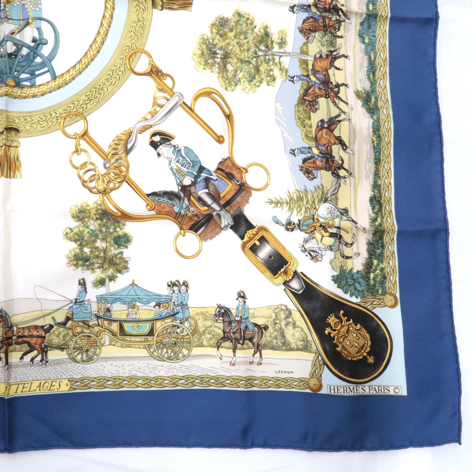 HERMES Carre 90 100% Silk Scarf GRANDS ATTELAGES Navy