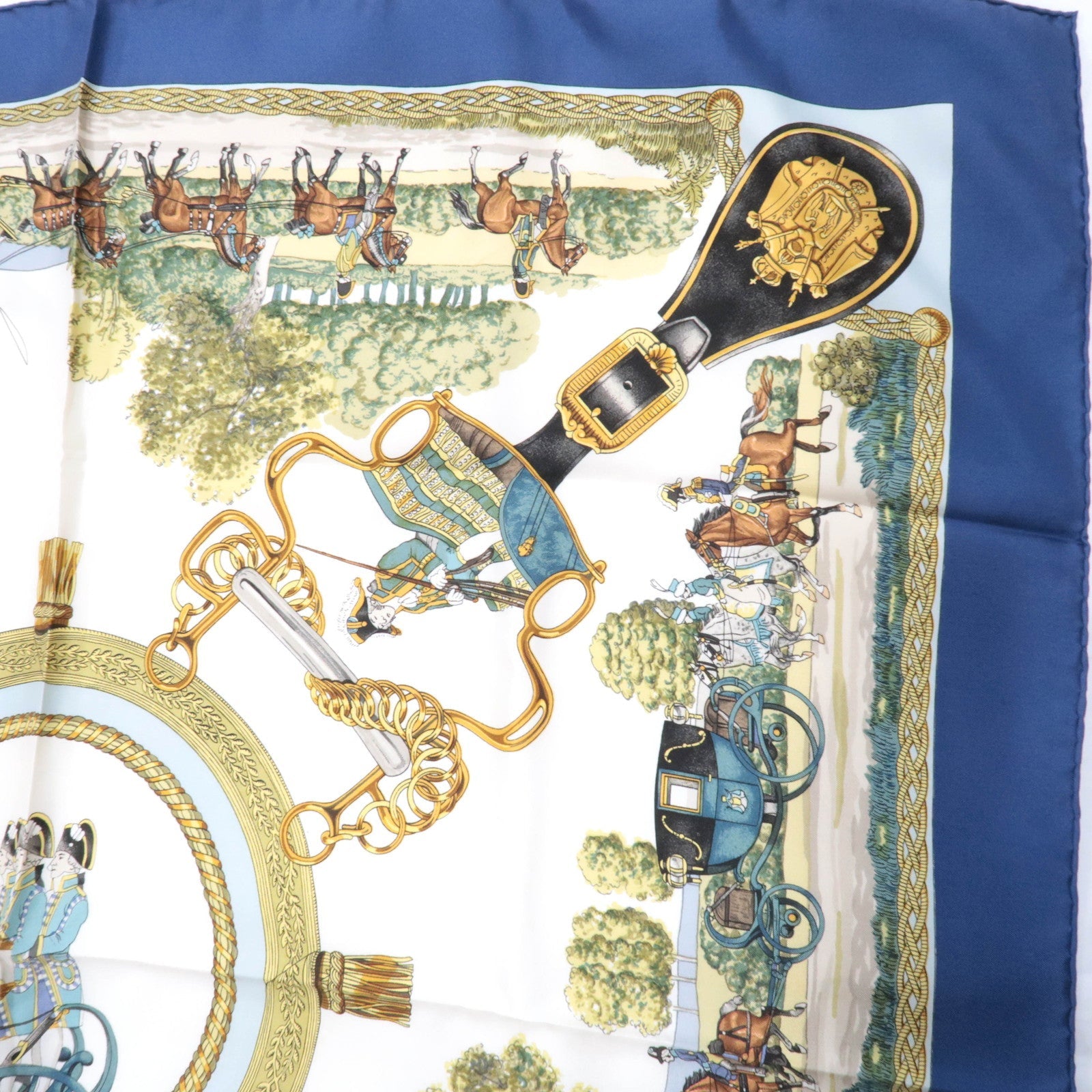 HERMES Carre 90 100% Silk Scarf GRANDS ATTELAGES Navy