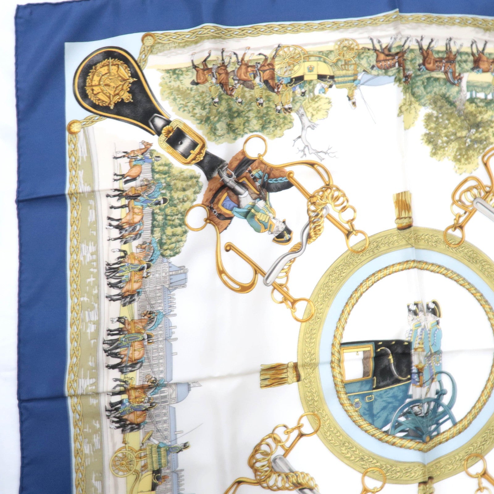 HERMES Carre 90 100% Silk Scarf GRANDS ATTELAGES Navy