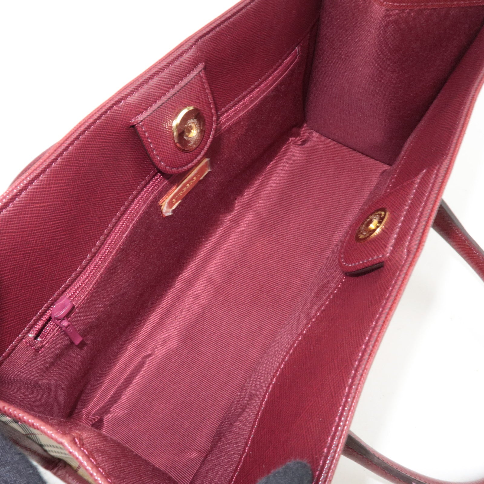 BURBERRY Nova Plaid East West Handbag Beige Bordeaux