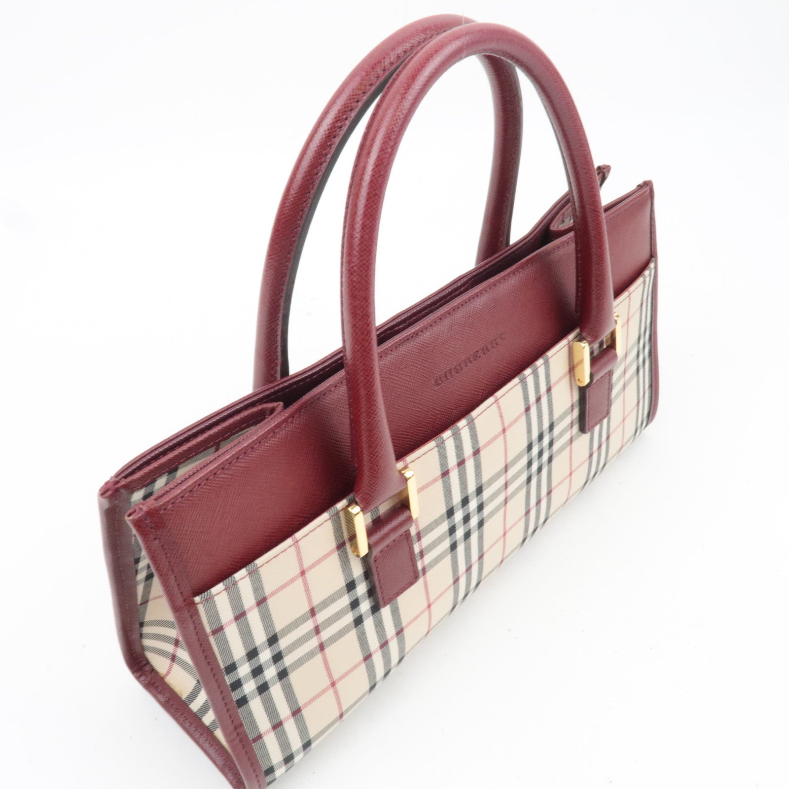 BURBERRY Nova Plaid East West Handbag Beige Bordeaux