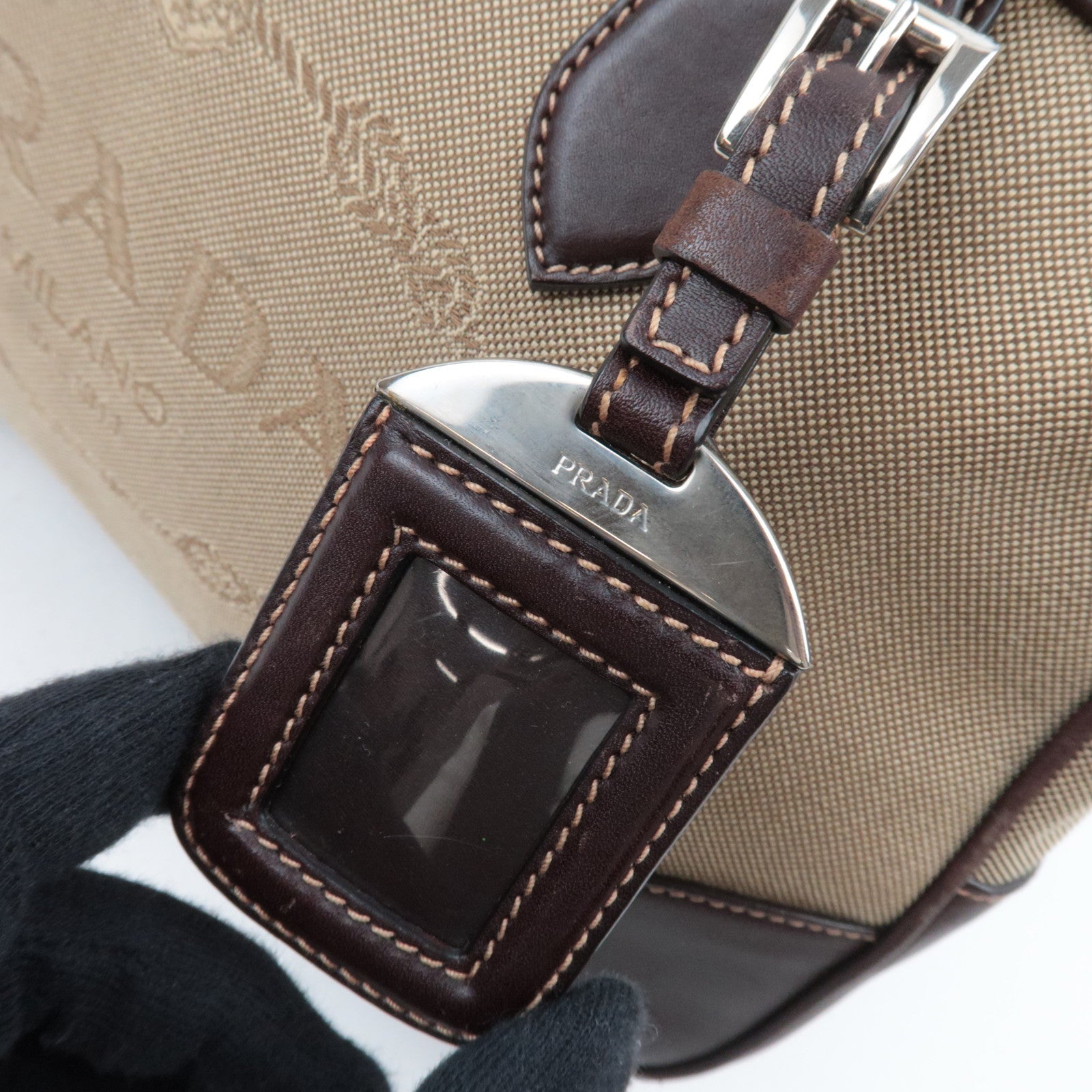 PRADA Logo Jacquard Leather Shoulder Bag Beige