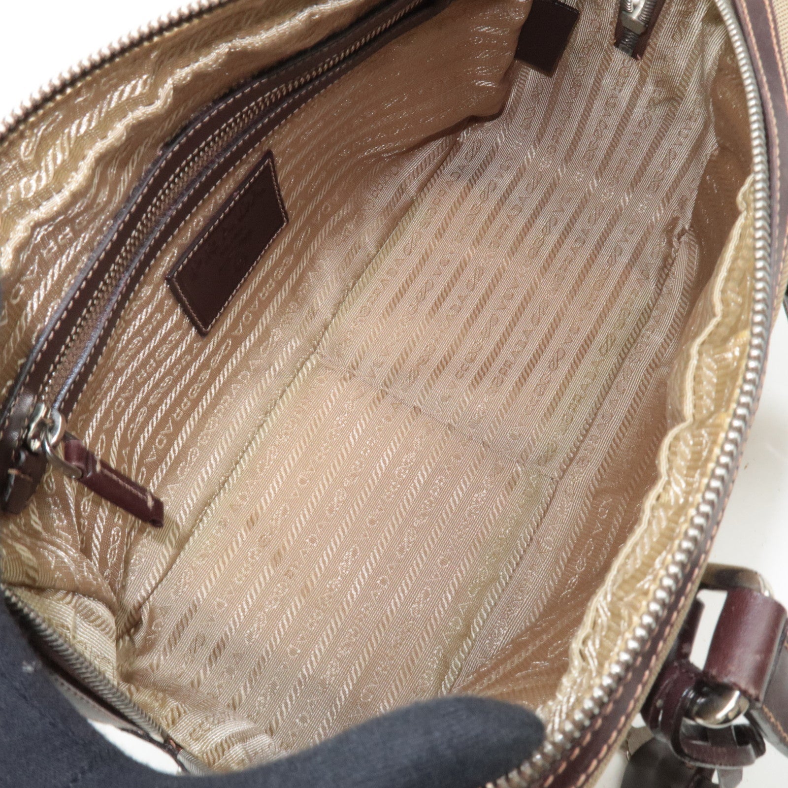 PRADA Logo Jacquard Leather Shoulder Bag Beige