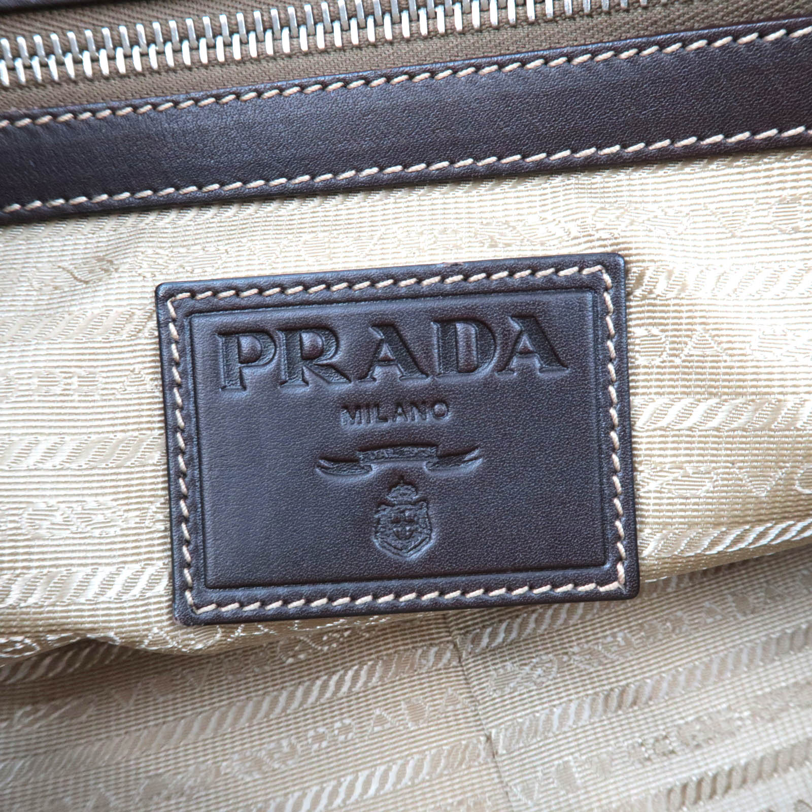 PRADA Logo Jacquard Leather Shoulder Bag Beige