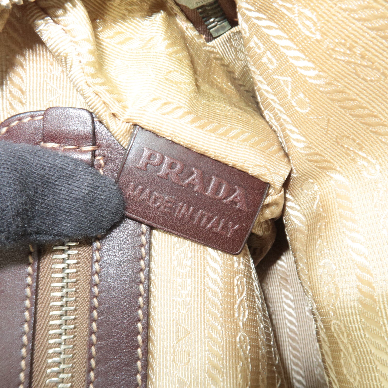 PRADA Logo Jacquard Leather Shoulder Bag Beige