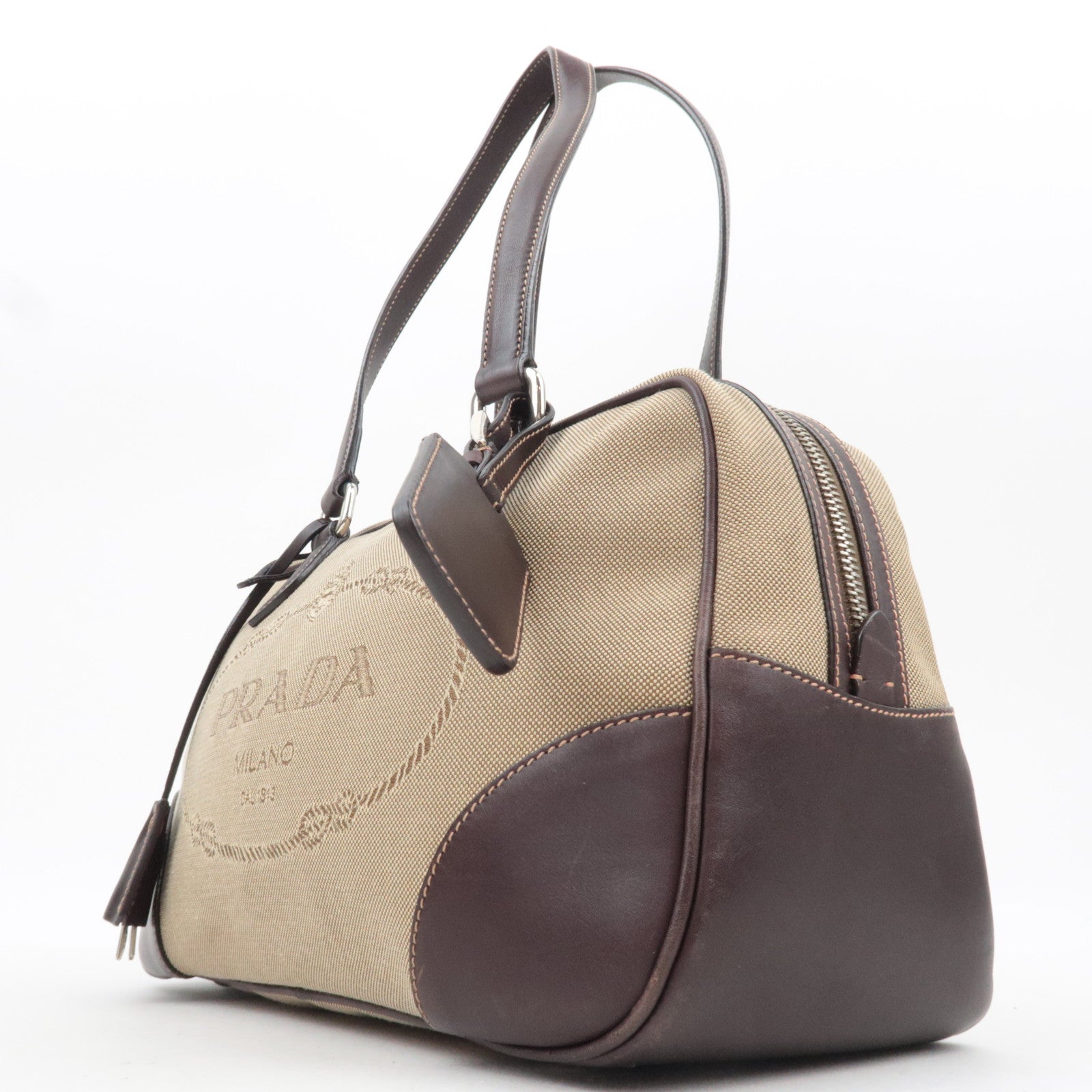 PRADA Logo Jacquard Leather Shoulder Bag Beige