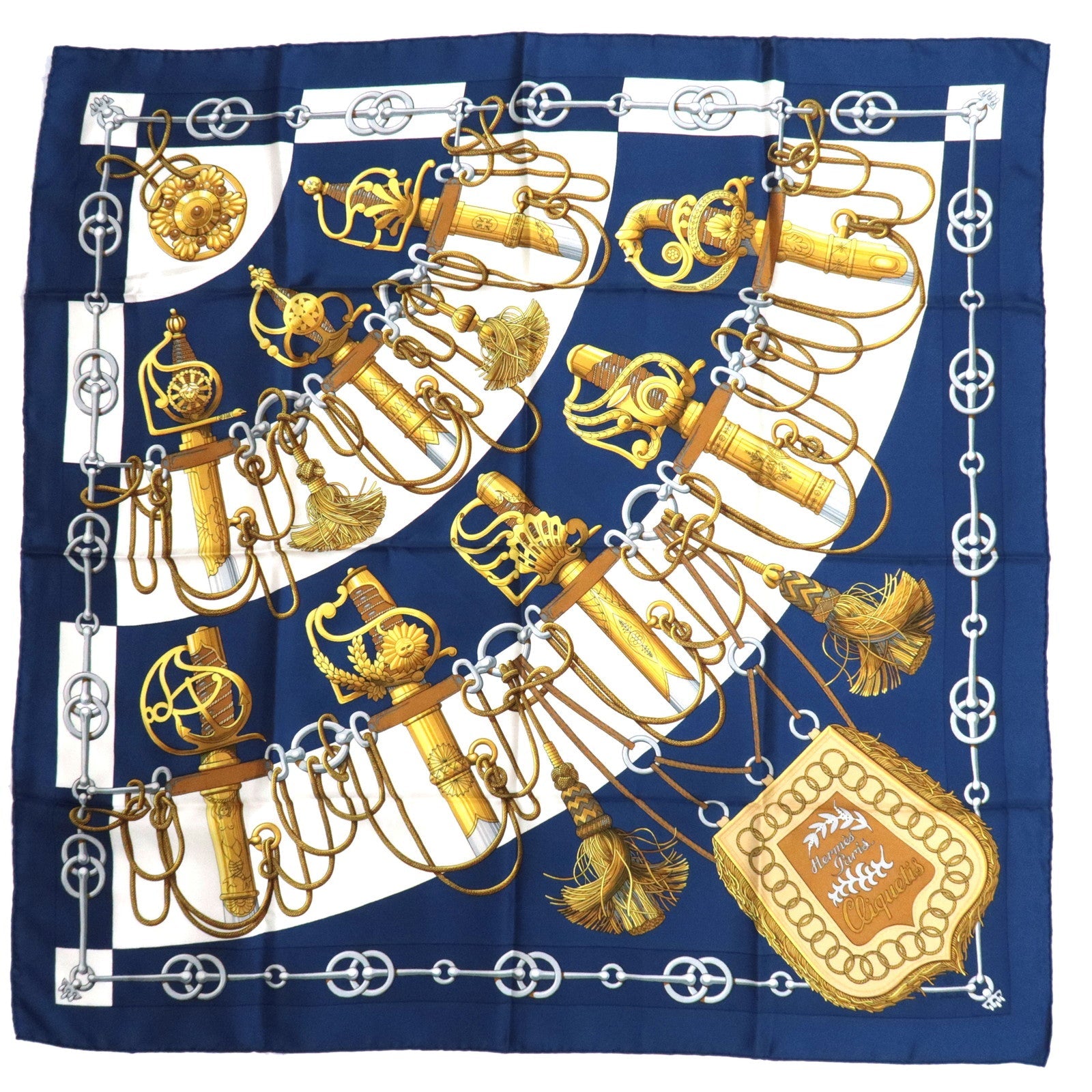 HERMES Carre 90 Scarf Cliquetis100% Silk Blue86362