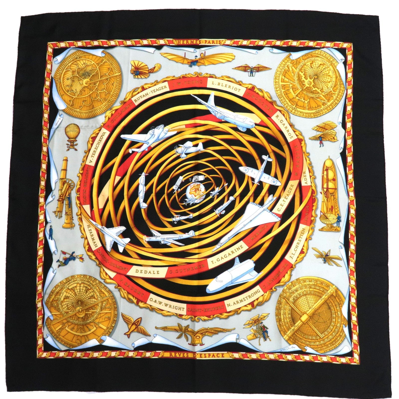 HERMES Carre 90 Scarf REVES D`ESPACE 100% Silk Black86367