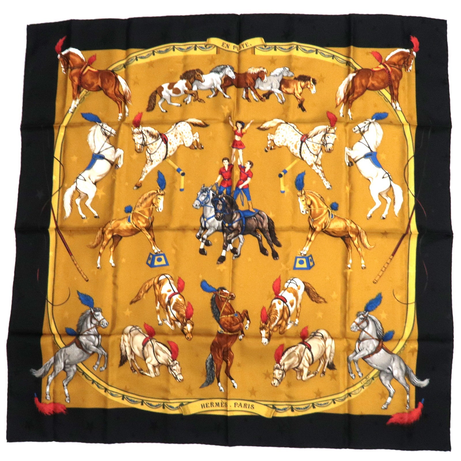 HERMES Carre 90 Scarf EN PISTE 100% Silk Gold86368