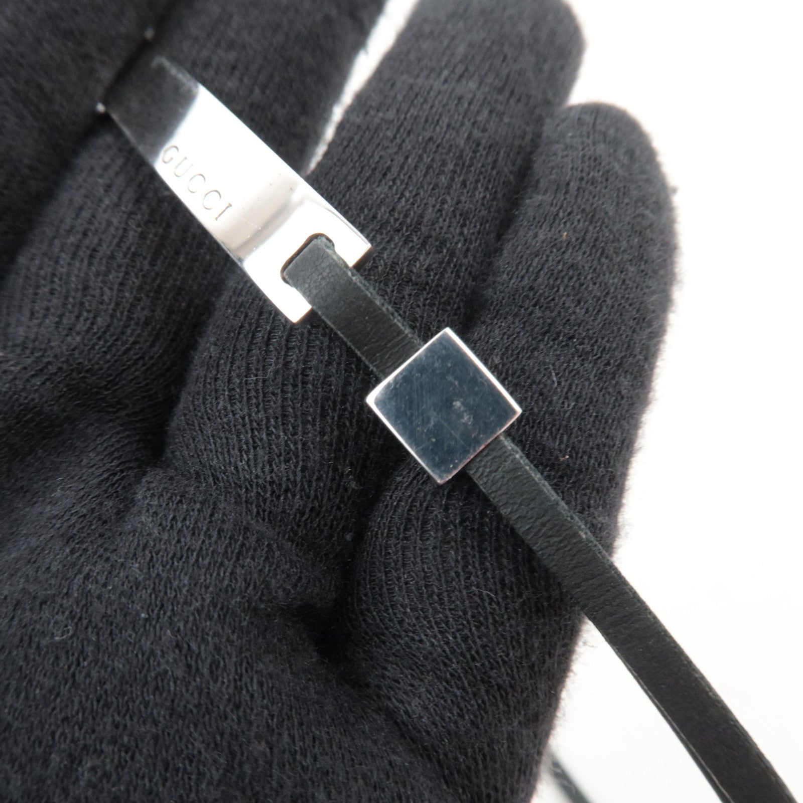 GUCCI Logo Silver Plate Choker Leather Necklace SV925 Black