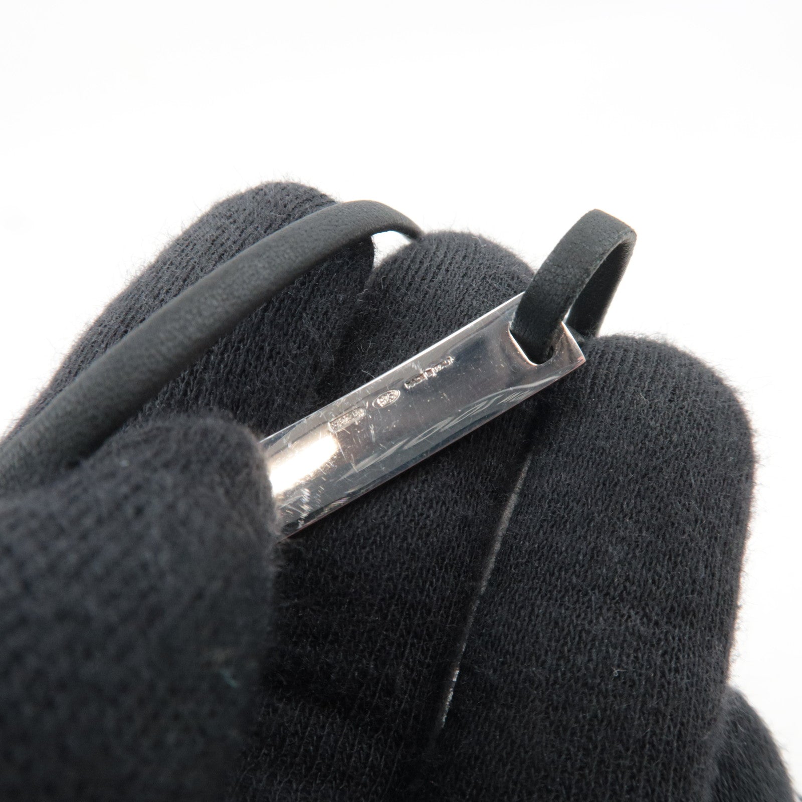 GUCCI Logo Silver Plate Choker Leather Necklace SV925 Black