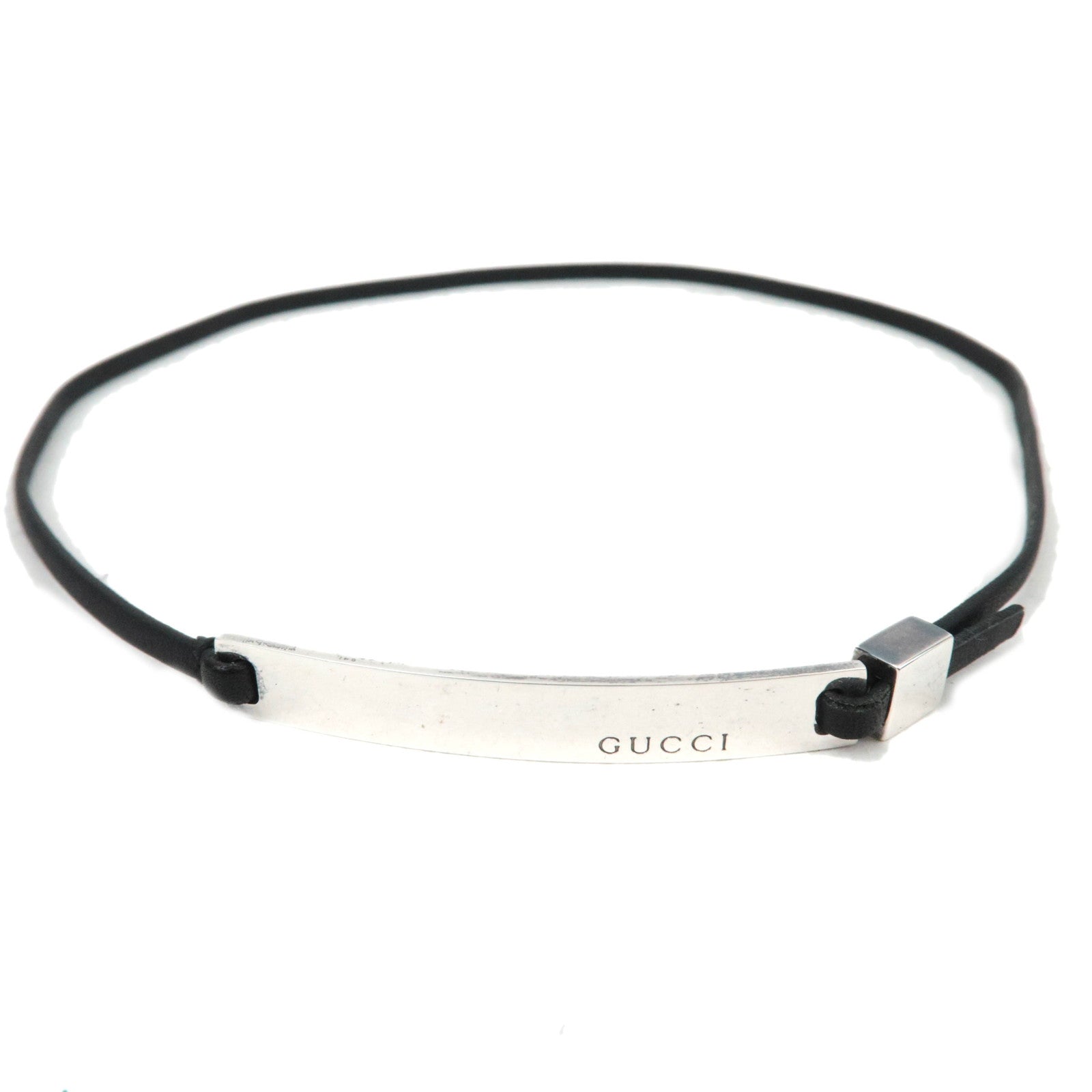 GUCCI Logo Silver Plate Choker Leather Necklace SV925 Black86376