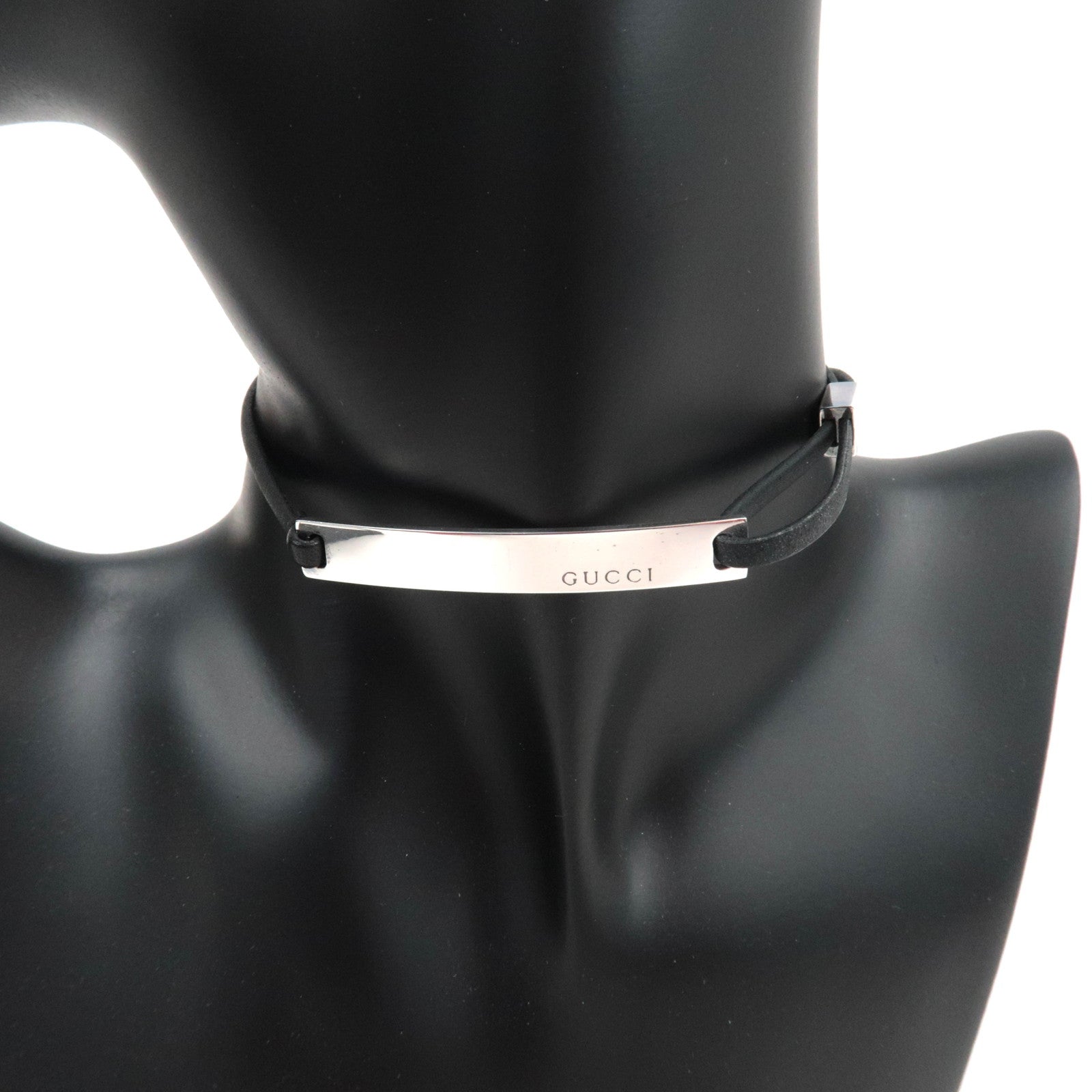 GUCCI Logo Silver Plate Choker Leather Necklace SV925 Black