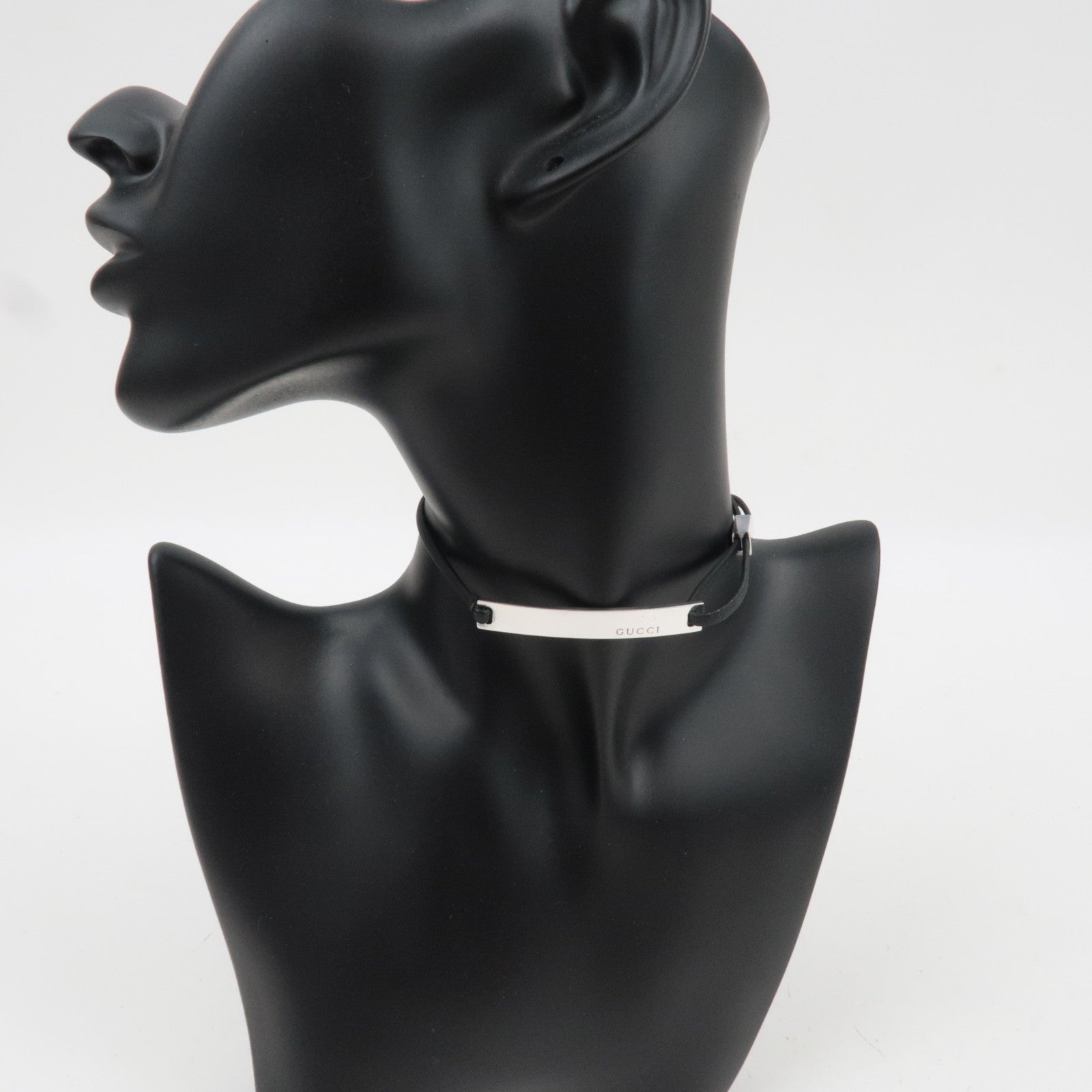 GUCCI Logo Silver Plate Choker Leather Necklace SV925 Black